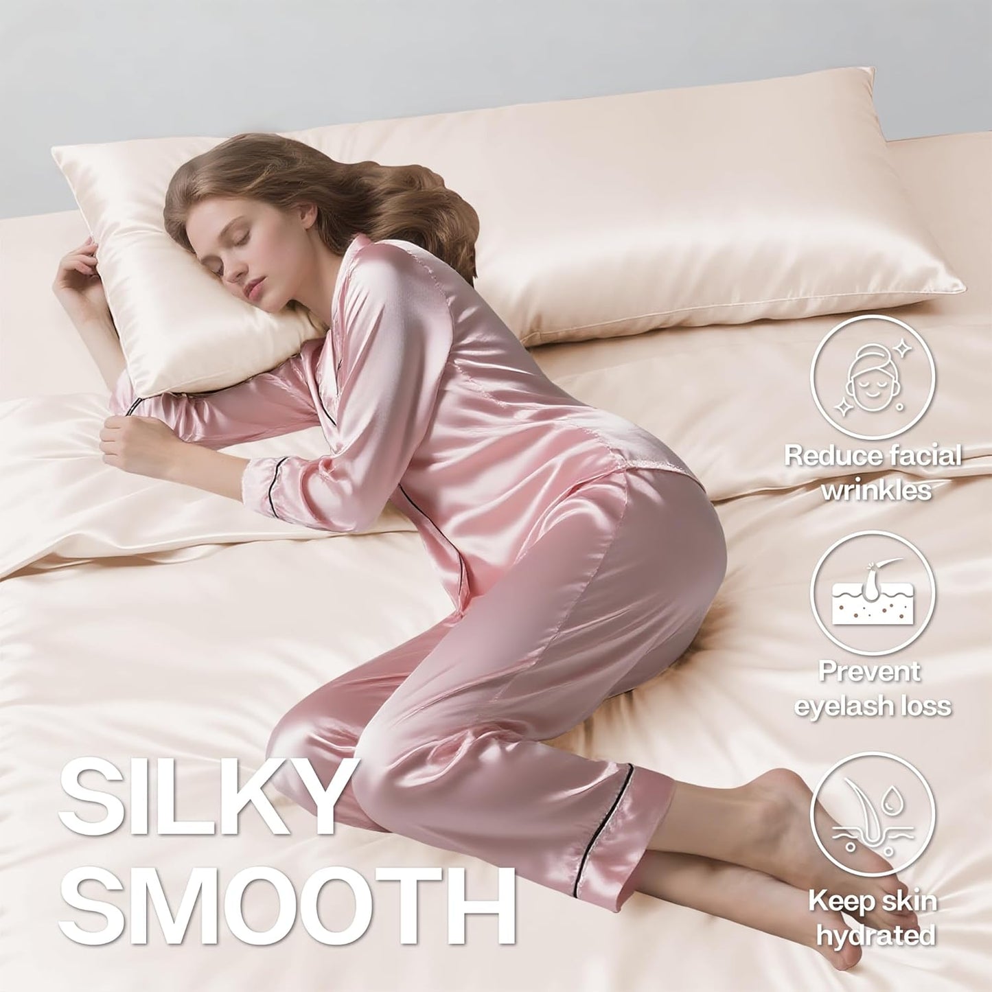 MR&HM Satin Body Pillow Cover, Soft and Breathable Body Pillow Case with Envelope Closure, Cooling and Silky Long Pillowcase for Hair and Skin,Grey (20x54, Beige)