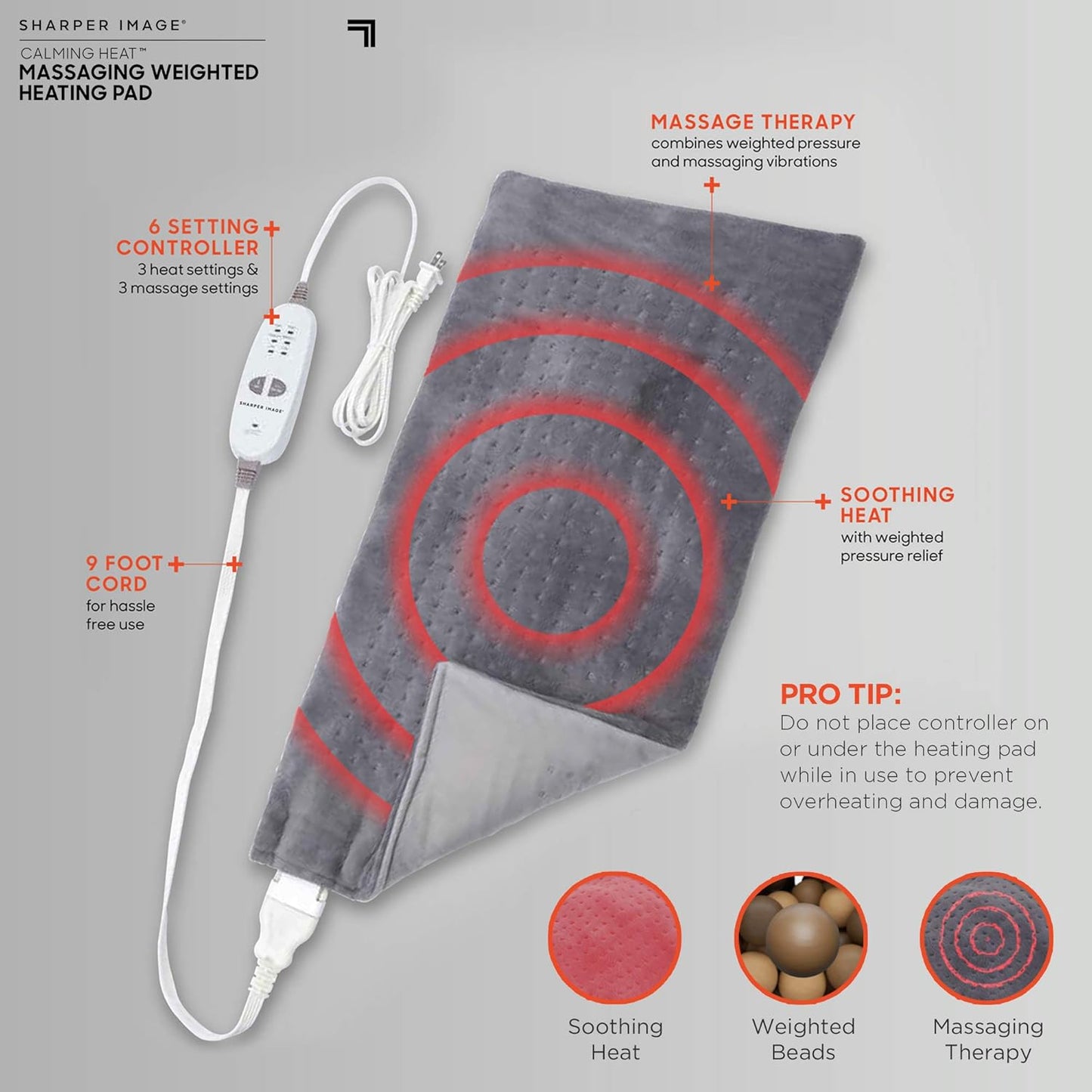 Calming Heat Massaging Weighted Heating Pad by Sharper Image- Electric Heating Pad with Massaging Vibrations, Auto-Off,12 Settings- 3 Heat, 9 Massage- 27 Relaxing Combinations, 12” x 24”, 4lbs