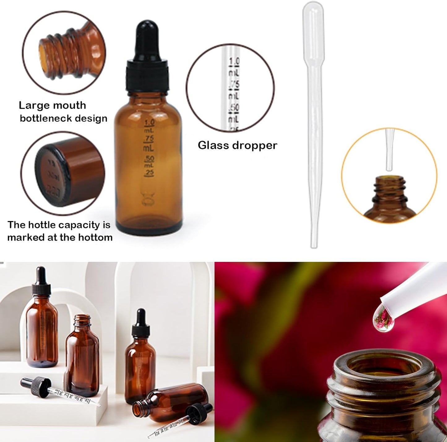 20 Pack,2 Oz Amber Glass Dropper Bottle With Measured Dropper Essential Oil Tincture Bottles,Funnels, Labels,60ml Brown Glass Dispenser Bottle for Oils,Serum,Liquid Medicine Travel Container