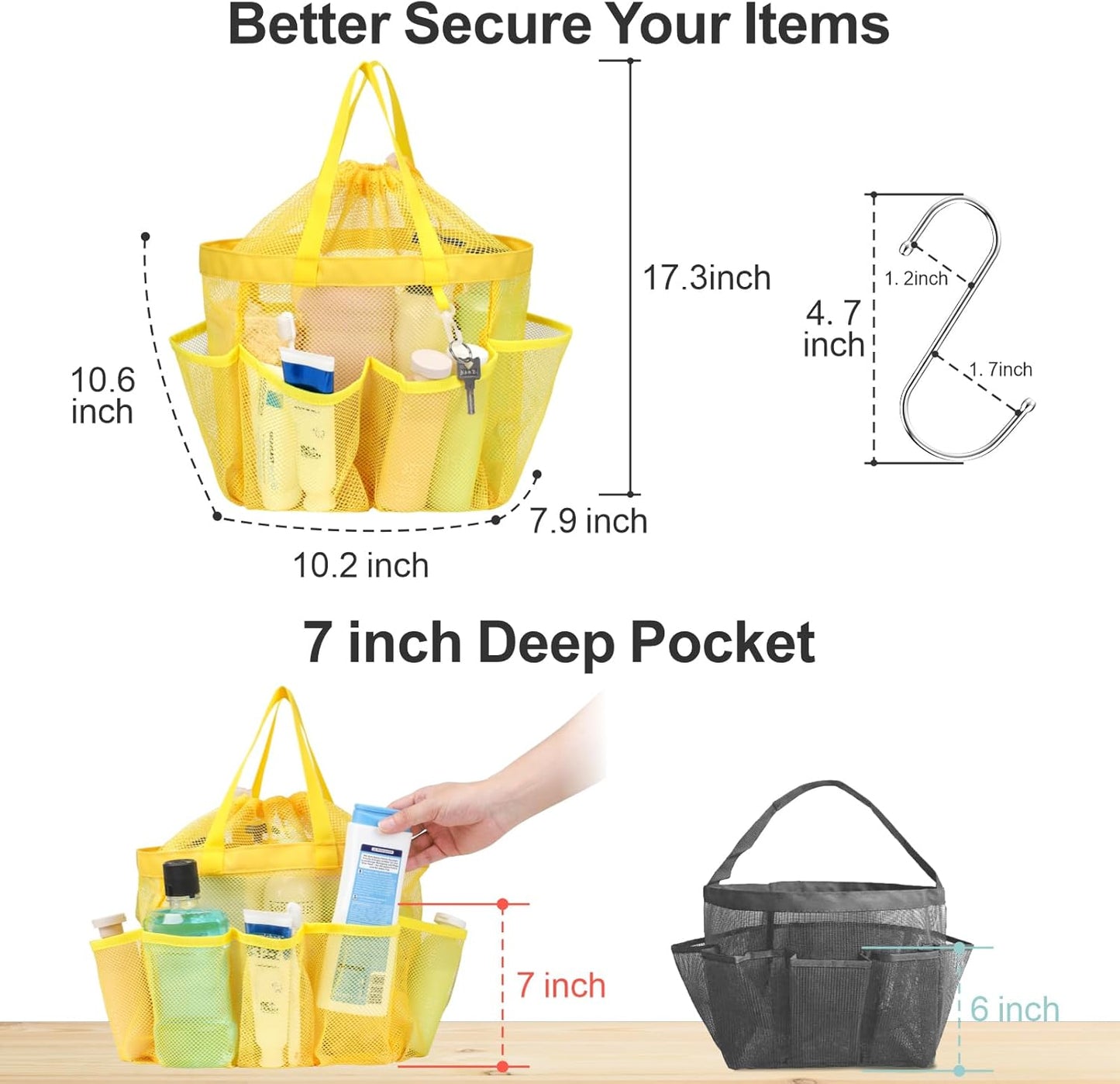 F-color Mesh Shower Caddy Portable with Drawstring - Upgrade Deeper 7 Pockets Dorm Room Essentials for Guys Girls with S Hook, Shower Bag Basket Tote for College Camping Toiletry Bathroom, Yellow