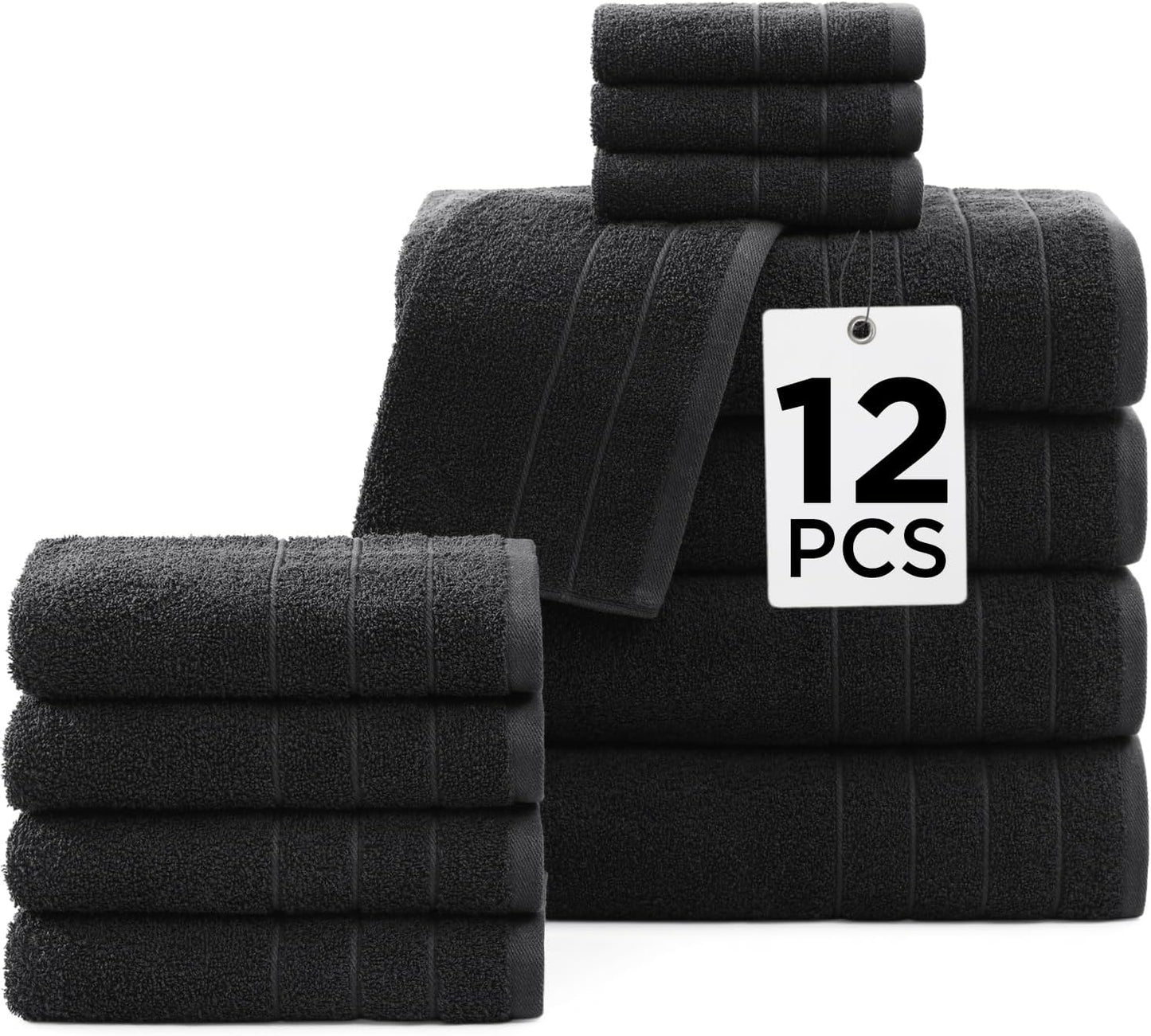 Casa Platino 100% Mercerized Cotton Luxury Bathroom Towels Set - 12 Piece - Ring Spun Technology - 4 Bath, 4 Washcloths, 4 Hand Towels - Remains Soft & Absorbent Even After Multiple Washes - Black