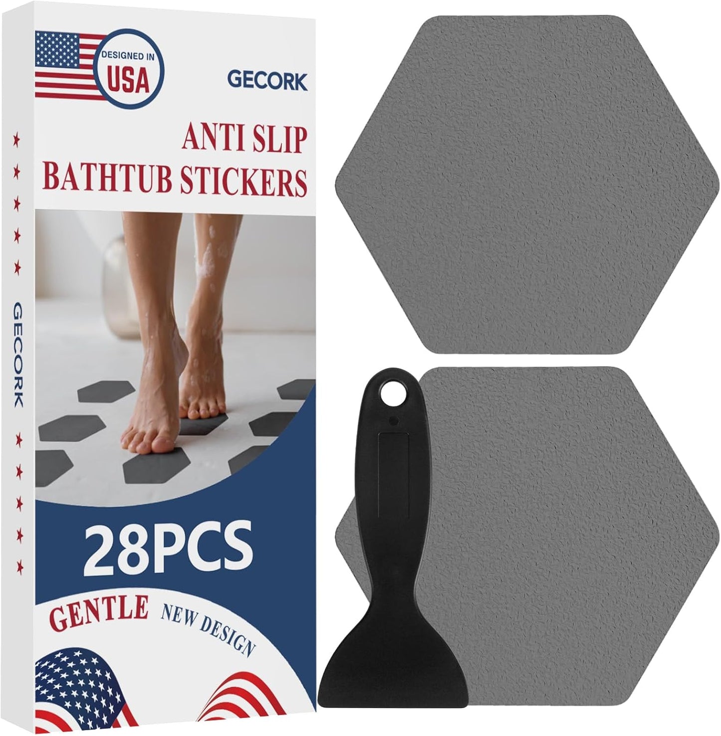 28 PCS Shower Floor Non Slip Stickers with Strong Adhesive, Invisible & Durable Anti Slip Shower Stickers with Scraper for Bath Tub, Pools and Stairs(Grey,Hexagon)