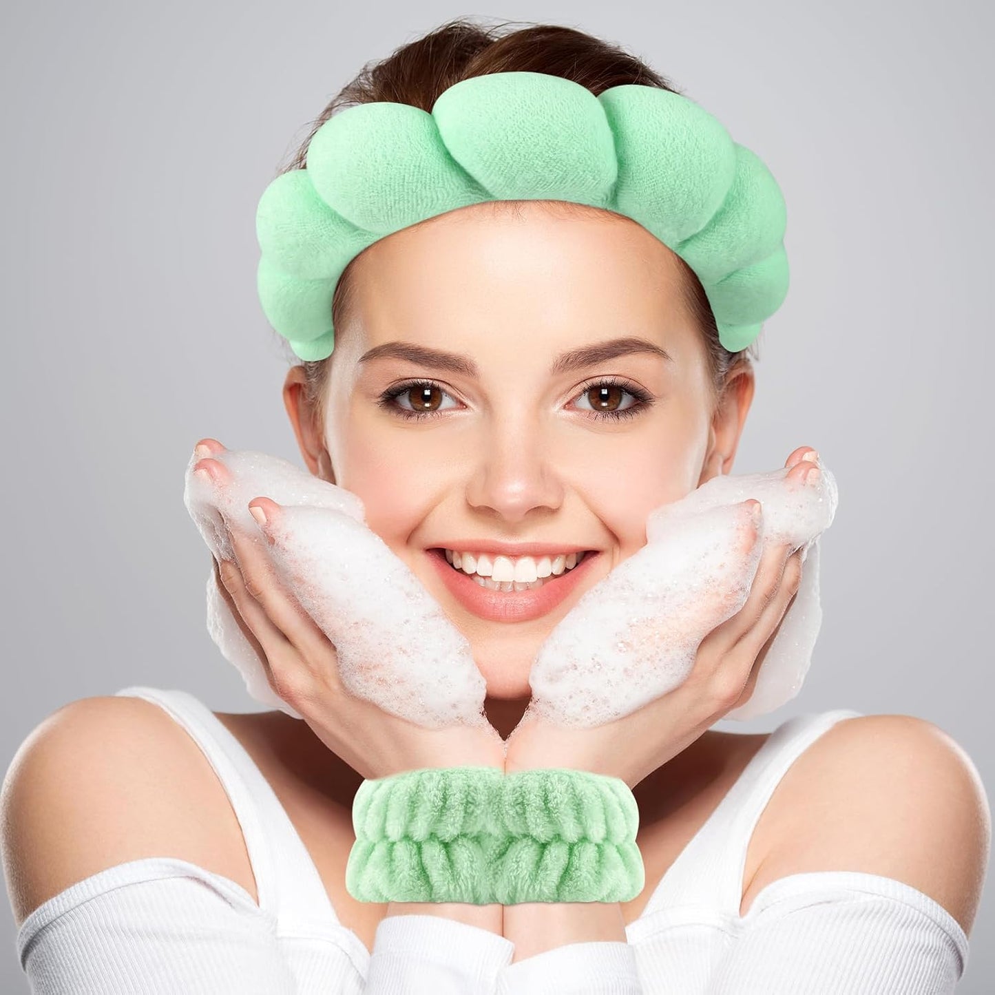 Zkptops Spa Headband for Washing Face Wristband Set Sponge Makeup Skincare Terry Cloth Bubble Soft Get Ready Hairband for Women Girl Puffy Padded Headwear Non Slip Thick Hair Accessory(Light Green)