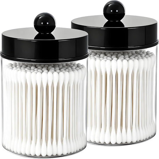 AXX Qtip Dispenser Apothecary Jars Bathroom - Qtip Holder Storage Canister Clear Plastic Jar for Cotton Swab,Q-Tips,Cotton Rounds (F#Black 2Pcs)