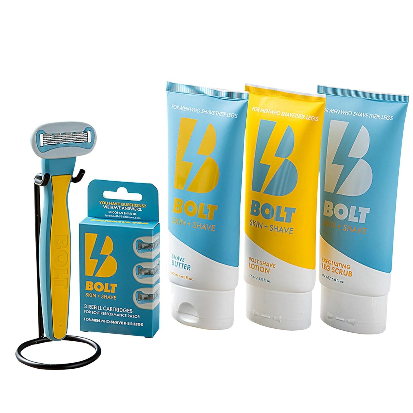 Be Smooth Men's Bundle - Complete Shaving Kit for Legs, Head, Chest & Arms with Razor, 3 Cartridges, Shave Butter, Scrub & Lotion