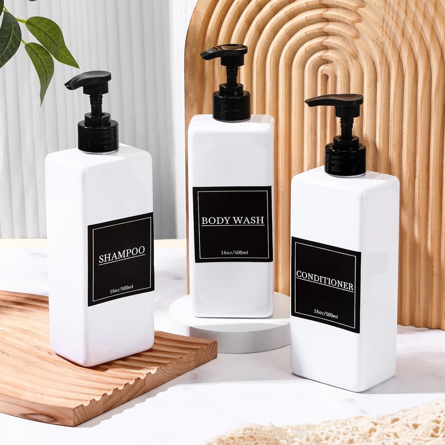 Tanlade 6 Pcs Shampoo and Conditioner Dispenser Bottles 16oz Modern Shower Soap Bottles with Pump, Labels and Marker Pen Easy to Refill Body Wash Dispensers for Home Bathroom Decoration (White)