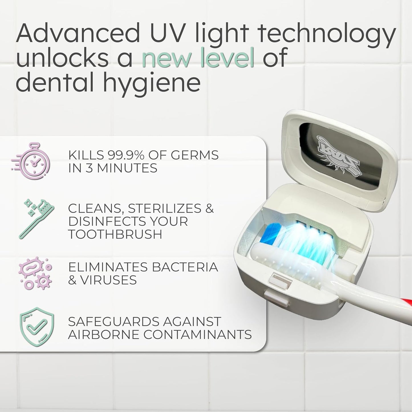Rayz UV-C Toothbrush Sanitizer | Portable & Rechargeable | 99.9% Sanitization in 3 Minutes | Wall Mountable, Travel-Friendly & TSA-Approved (Pearl)
