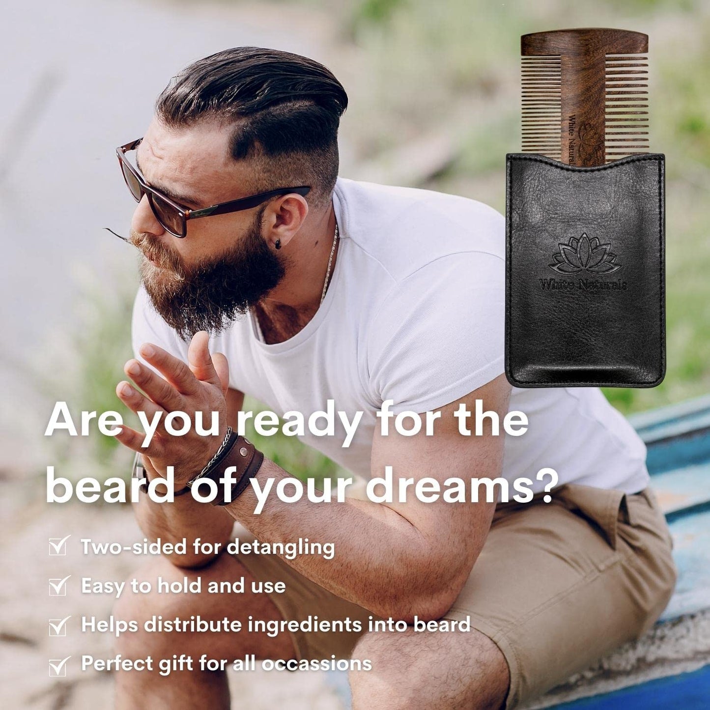 White Naturals Beard Comb for Men, Wooden Natural Sandalwood, Fine Dual Action Teeth, Handmade Premium Sandal Wood, Perfect for Balms and Oils, Includes PU Leather Case, Pocket Size