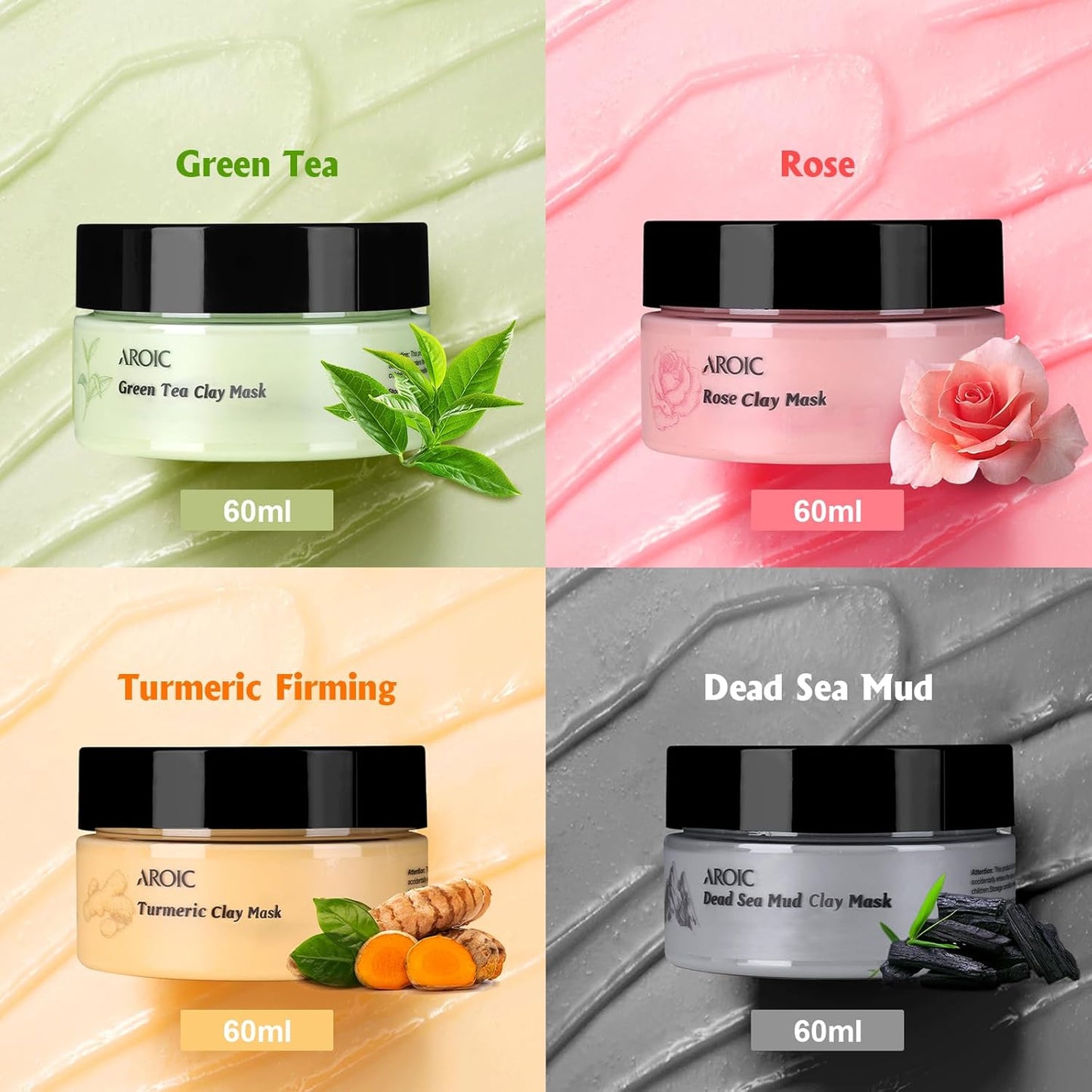4 Pack Clay Mask, Vitamin C Turmeric Dead Sea Mud Facial Mask, Rose, Green Tea Clay Masque Set - Weekly Self Care Spa Gift for Women and Men, Skincare for Deep Cleansing Pore Minimizing Face Masks