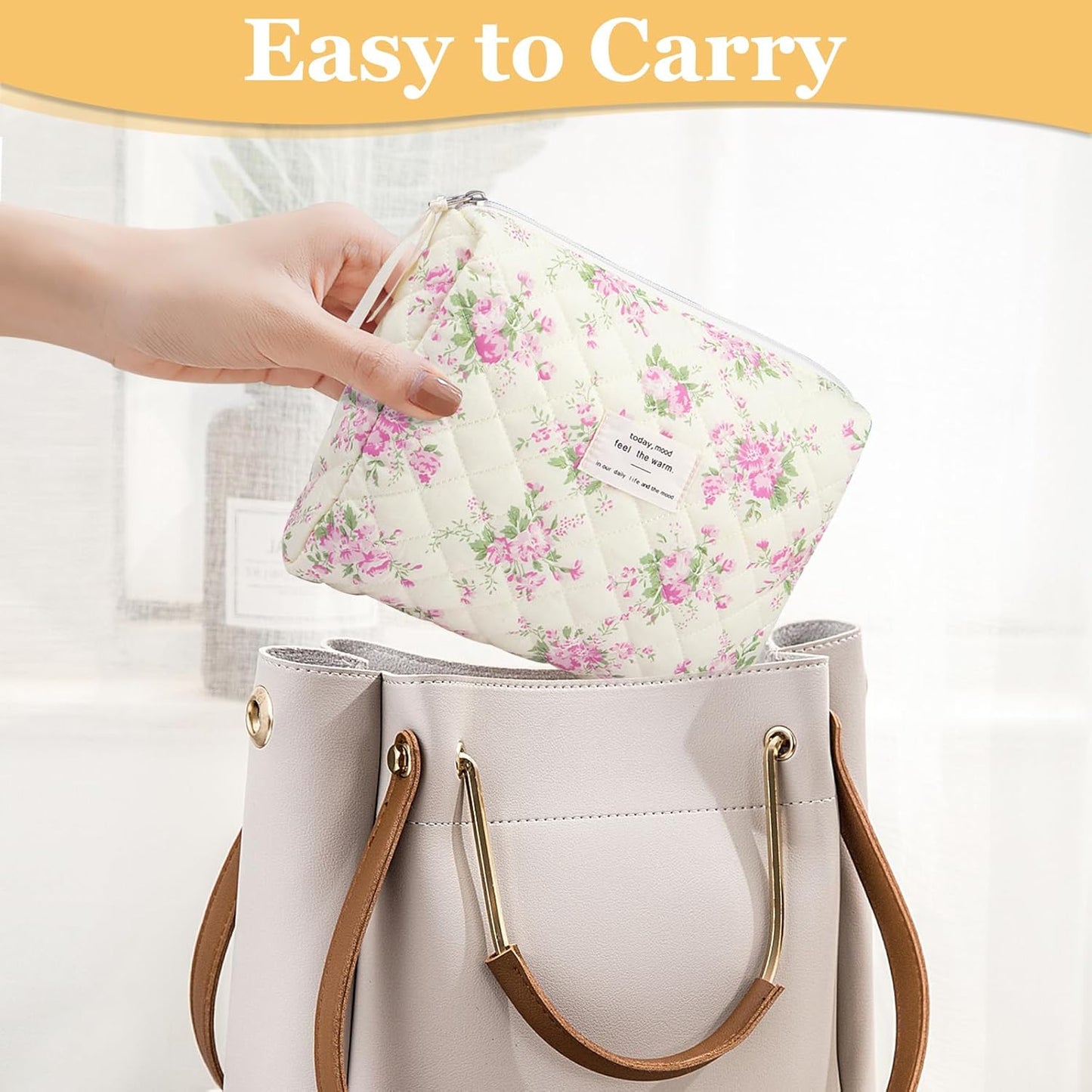 Floral Makeup Bag, Small Cosmetic Bag for Women Girls, Cute Cotton Makeup Bag, Quilted Makeup Bags, Flower Travel Toiletry Organizer Bag(Pink Flower)