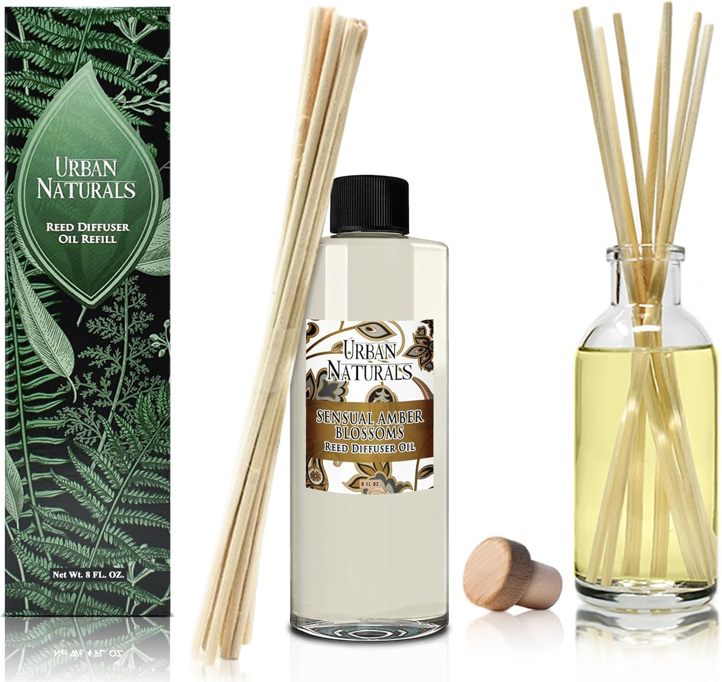 Urban Naturals Reed Diffuser Oil Refill Sensual Amber Blossoms with Jasmine, Freesia, Plum, Orange Blossom, Vanilla 8 oz + Free Reed Sticks, Made in The USA