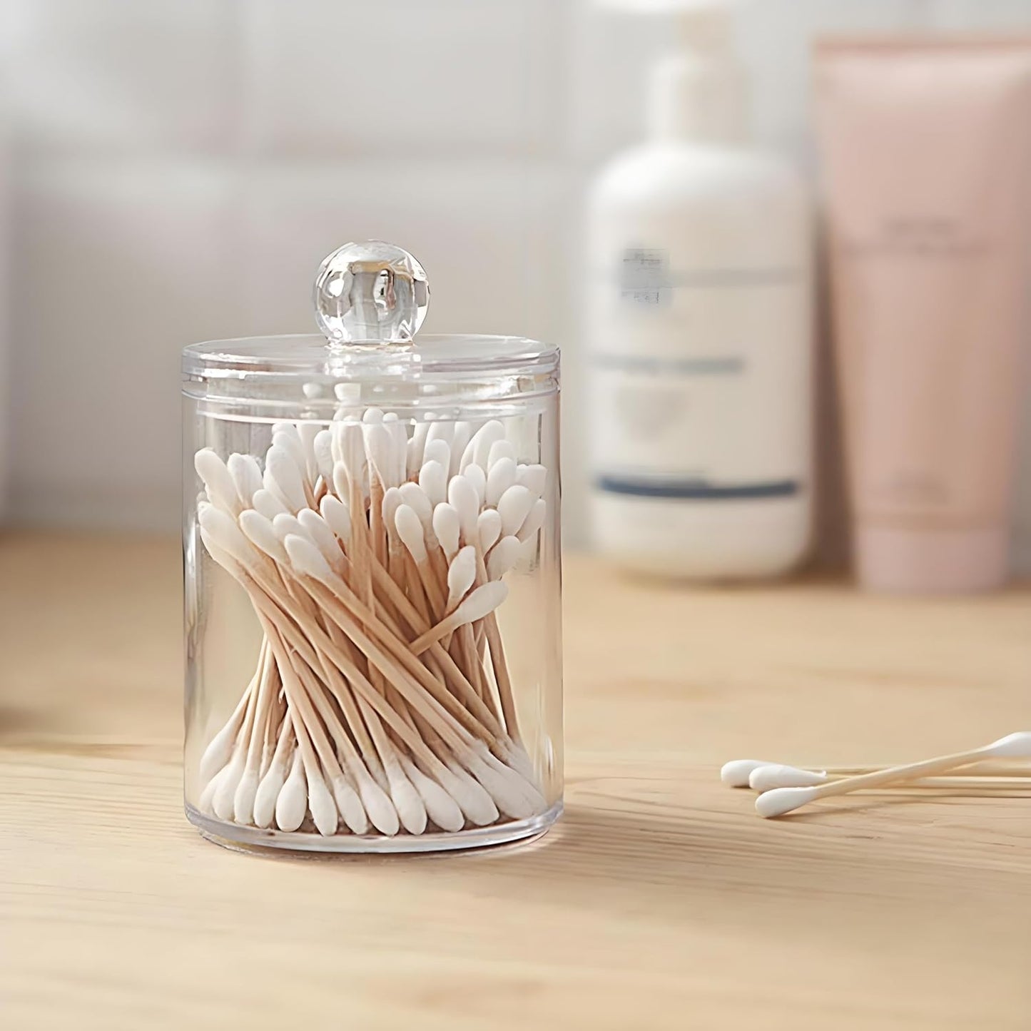 AXX Qtip Dispenser Apothecary Jars Bathroom - Qtip Holder Storage Canister Clear Plastic Jar for Cotton Swab,Q-Tips,Cotton Rounds (C#Clear 3Pcs)