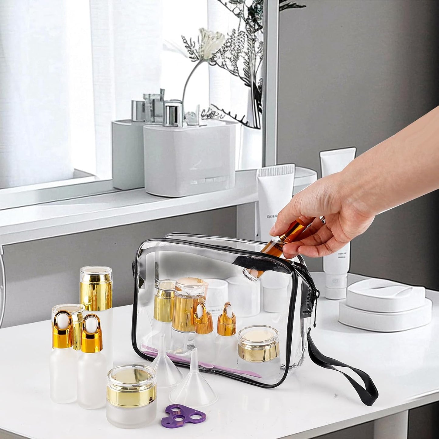 30 Pack TSA Approved Glass Travel Skincare Containers, 1.3/1/0.7/0.3oz Refillable Traveling Size Containers with Pump, Jars & Essential Oil Bottle in Clear Zip Bag, Leak-Proof for Creams & Liquids