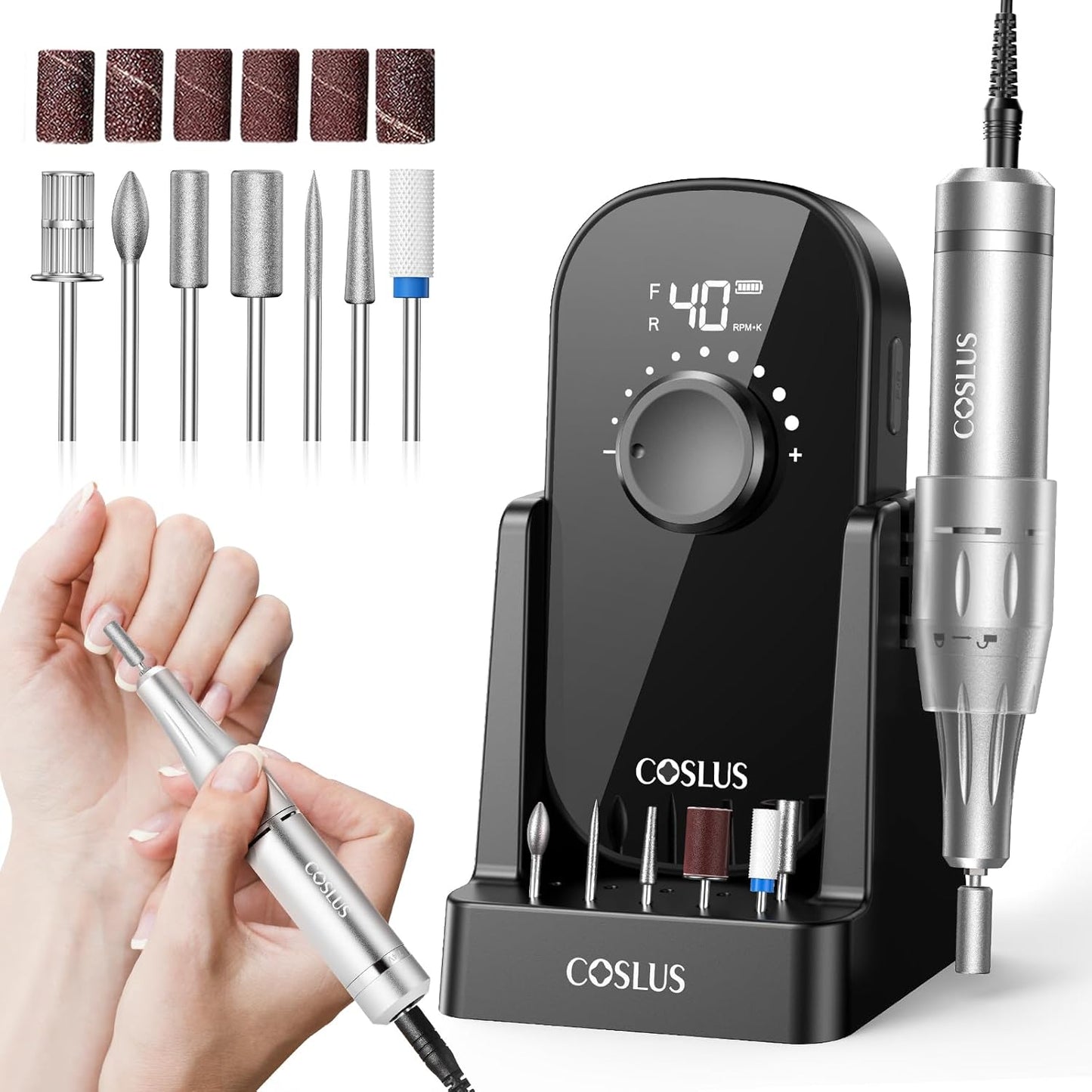 COSLUS Professional Rechargeable Electric Nail Drill 40000 RPM, Portable Nail File with Storage Stand for Acrylic Gel Polishing Removing - Easy to Use for Women, Manicure at Home DIY or Salon, Black