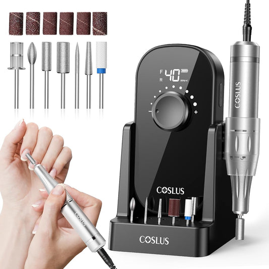COSLUS Professional Rechargeable Electric Nail Drill 40000 RPM, Portable Nail File with Storage Stand for Acrylic Gel Polishing Removing - Easy to Use for Women, Manicure at Home DIY or Salon, Black