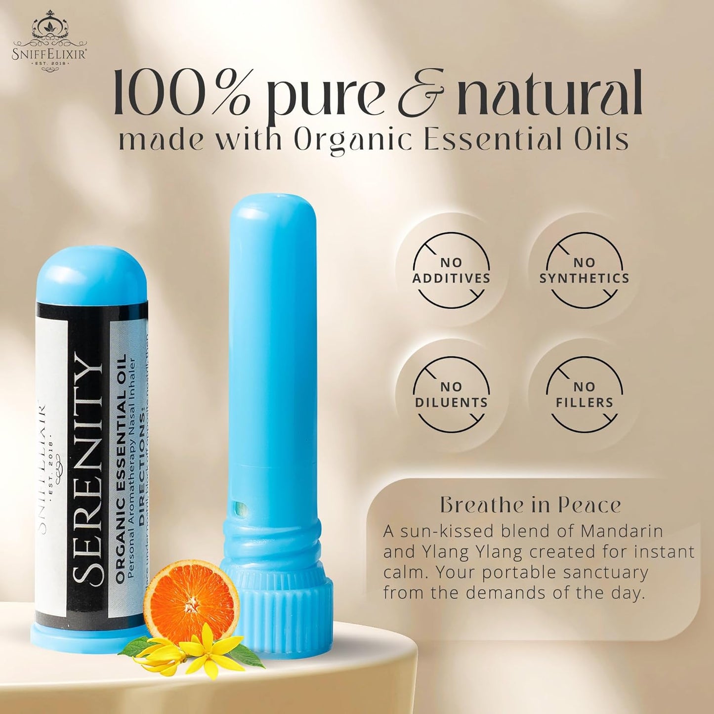 Serenity Nasal Inhaler Stick, Aromatherapy Oils for Calm, Stress Relief, & Mood with Ylang Ylang & Mandarin Essential Oil