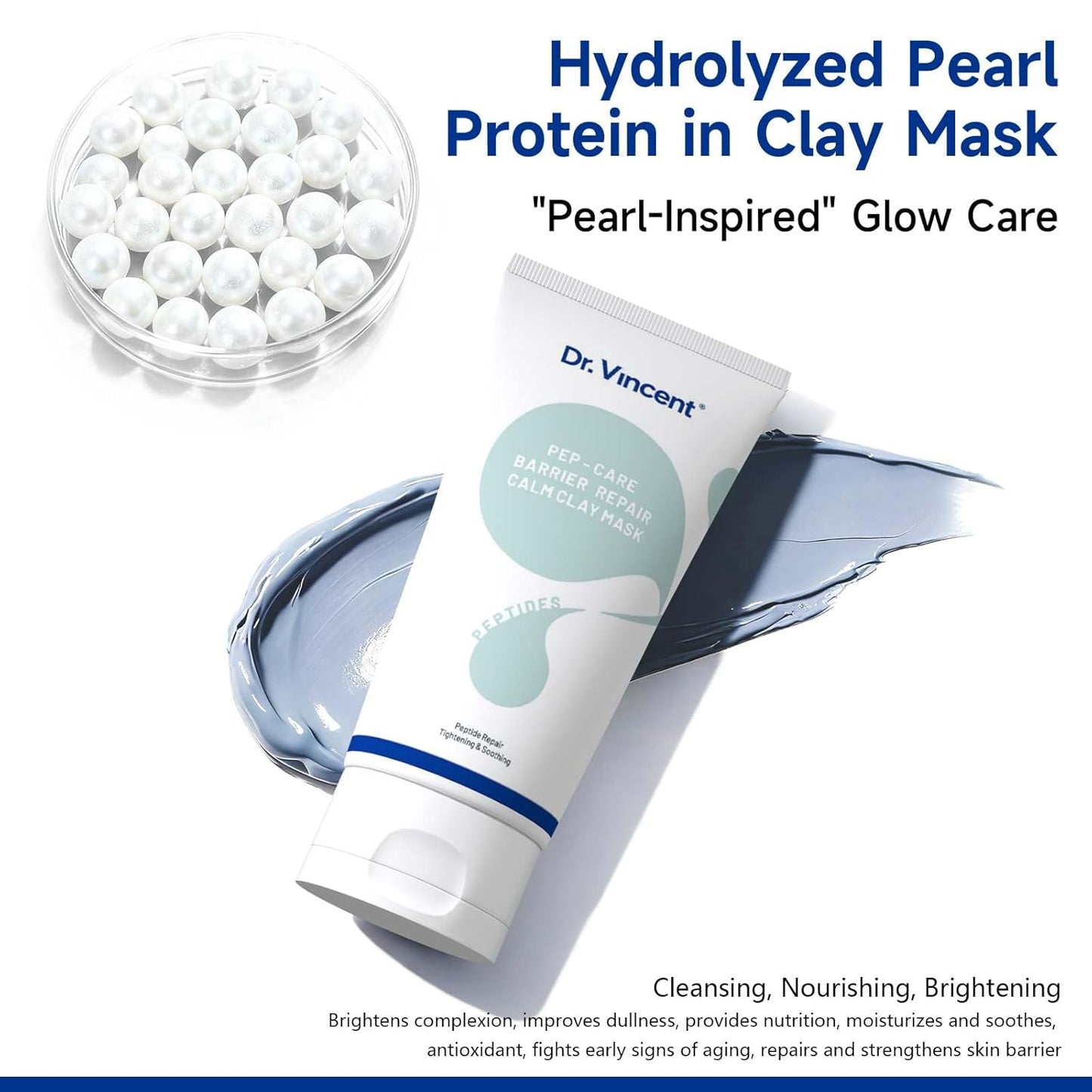 Clay Mask for Face, Pore Minimizing Mud Mask with Hydrolyzed Pearl Protein, Blue Clay Face Mask to Reduce Blackheads, Even Skin Tone, Balance Oil and Moisture, with brush for All Skin Types