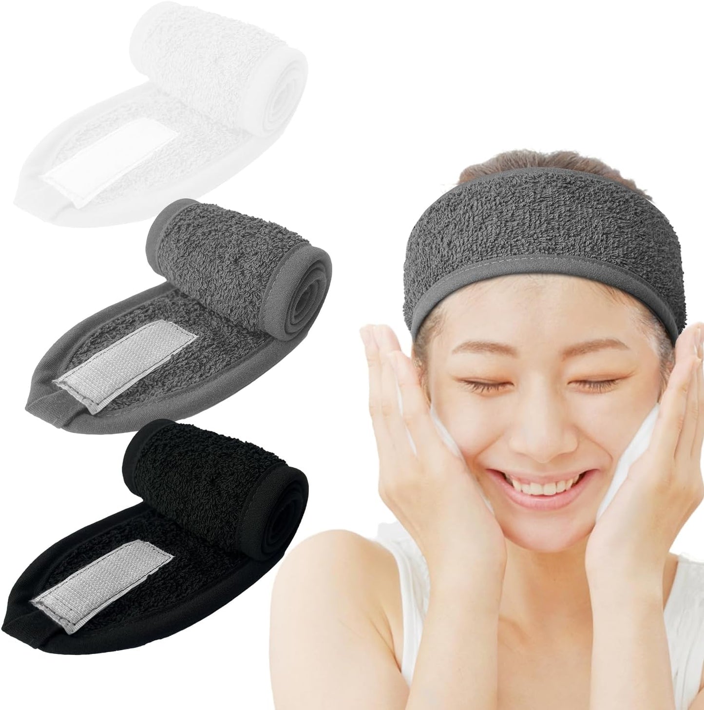 Dan River Facial Spa Headband, Pack of 3, Makeup Shower Bath Wrap Sport Headband Velcro Adjustable Ultra Soft Terry Cloth Stretch Towels for Face Washing, Shower, Yoga and Makeup