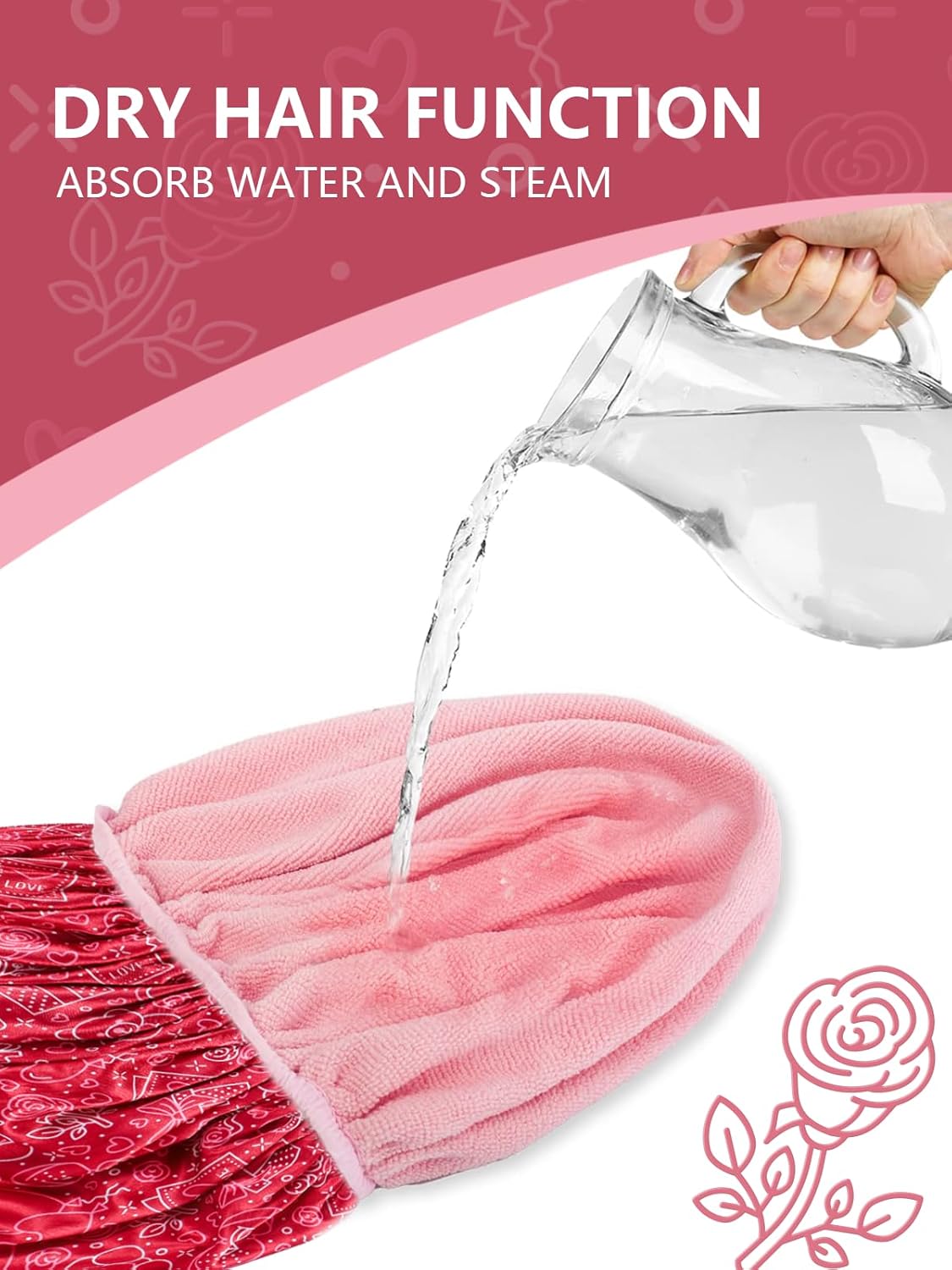 Years calm Terry Lined Shower Cap, Triple Layer Heart Motifs,Waterproof Reusable Elastic,Hair Shower Cap for Women,Terry Cloth Shower Caps for Spa,Clean,Trave (Red, One Size)