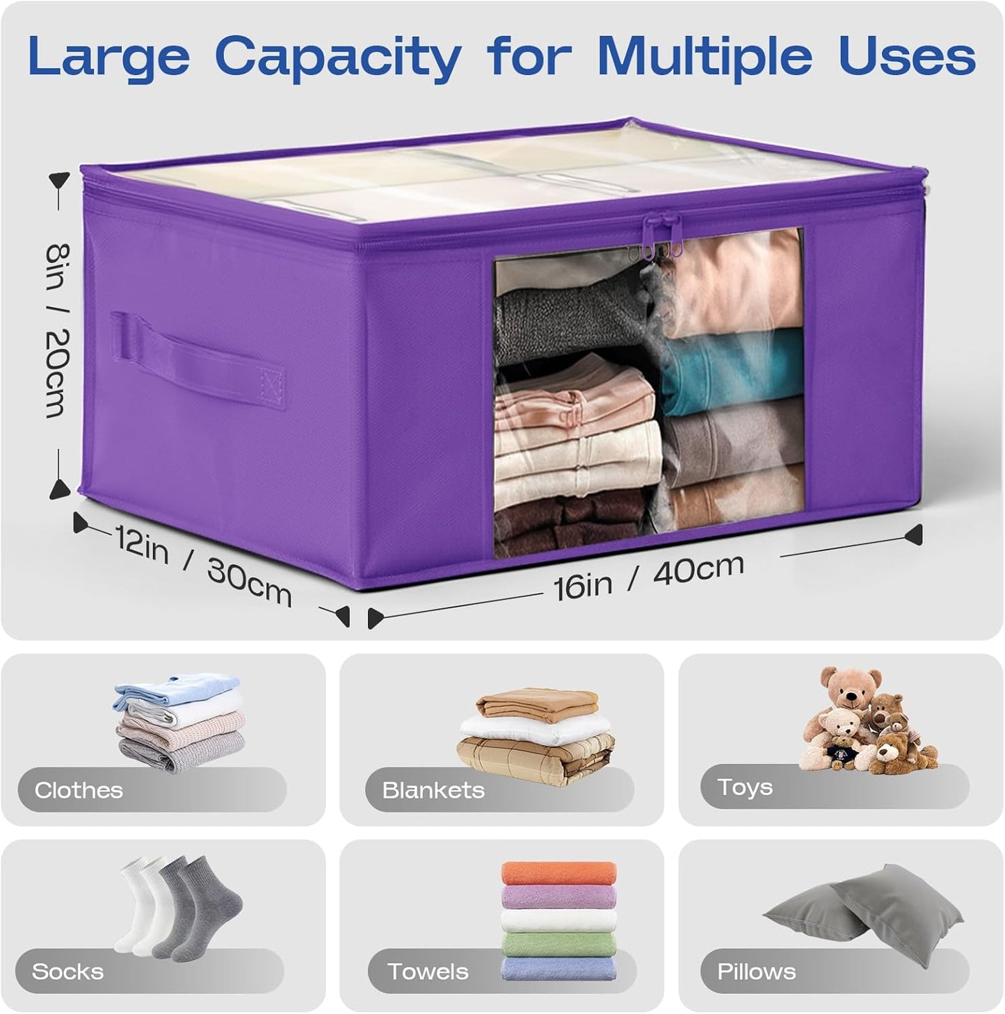 Clothes Storage Bags, Foldable Thick Fabric Blanket Storage Bags, Large Clear Window & Carry Handles, Great for Clothes, Blankets, Closets, Pillows, Toys (Purple, 4PACK)