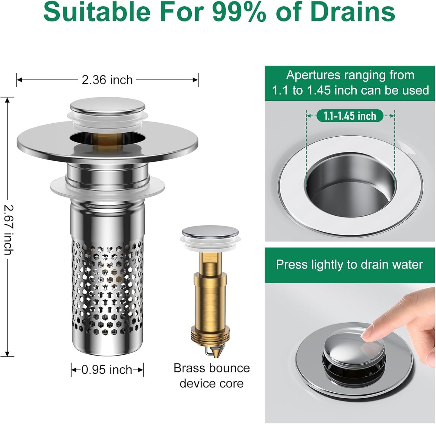 Bathroom Sink Drain Strainer,Universal Pop-Up Sink Stopper Hair Catcher, Anti-Clog Stainless Steel Drain Filter Basket, Removable Sink Drain for Bathroom Sink Stopper Replacement