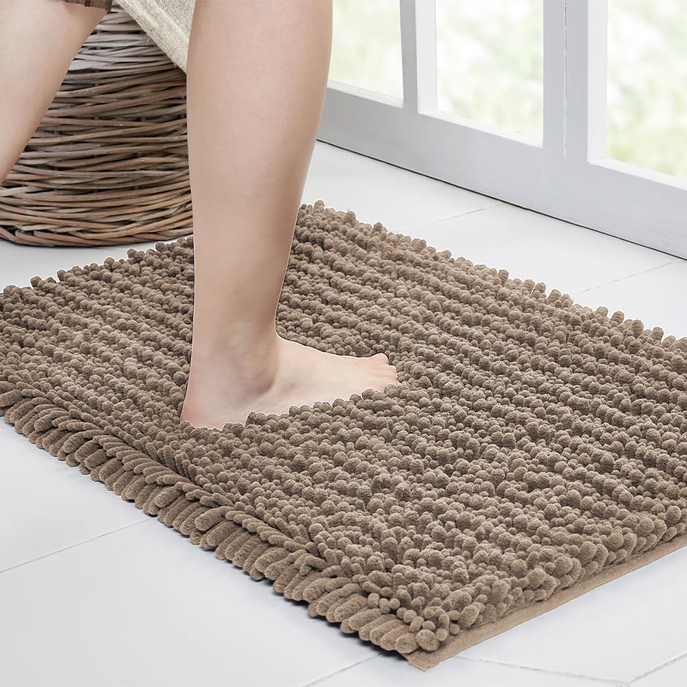 Walensee Bathroom Rug Non Slip Bath Mat (36x24 Inch Taupe) Water Absorbent Super Soft Shaggy Chenille Machine Washable Dry Extra Thick Perfect Absorbant Best Large Plush Carpet for Shower Floor