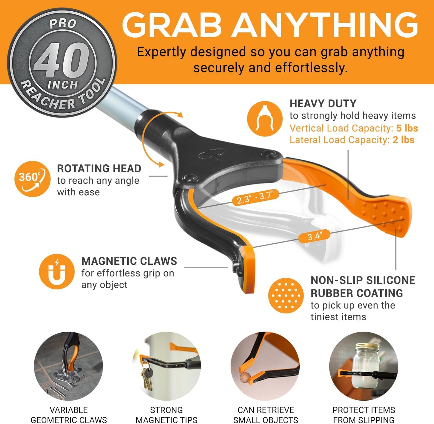 EZPIK Pro 40" Extended Grabber Reacher Tool for Elderly, Trash Hand Grabber Pickup Sticks for Seniors, Telescoping Extension Gripper Claw Pickup Tool, Hand Extension Magnetic Folding Tongs