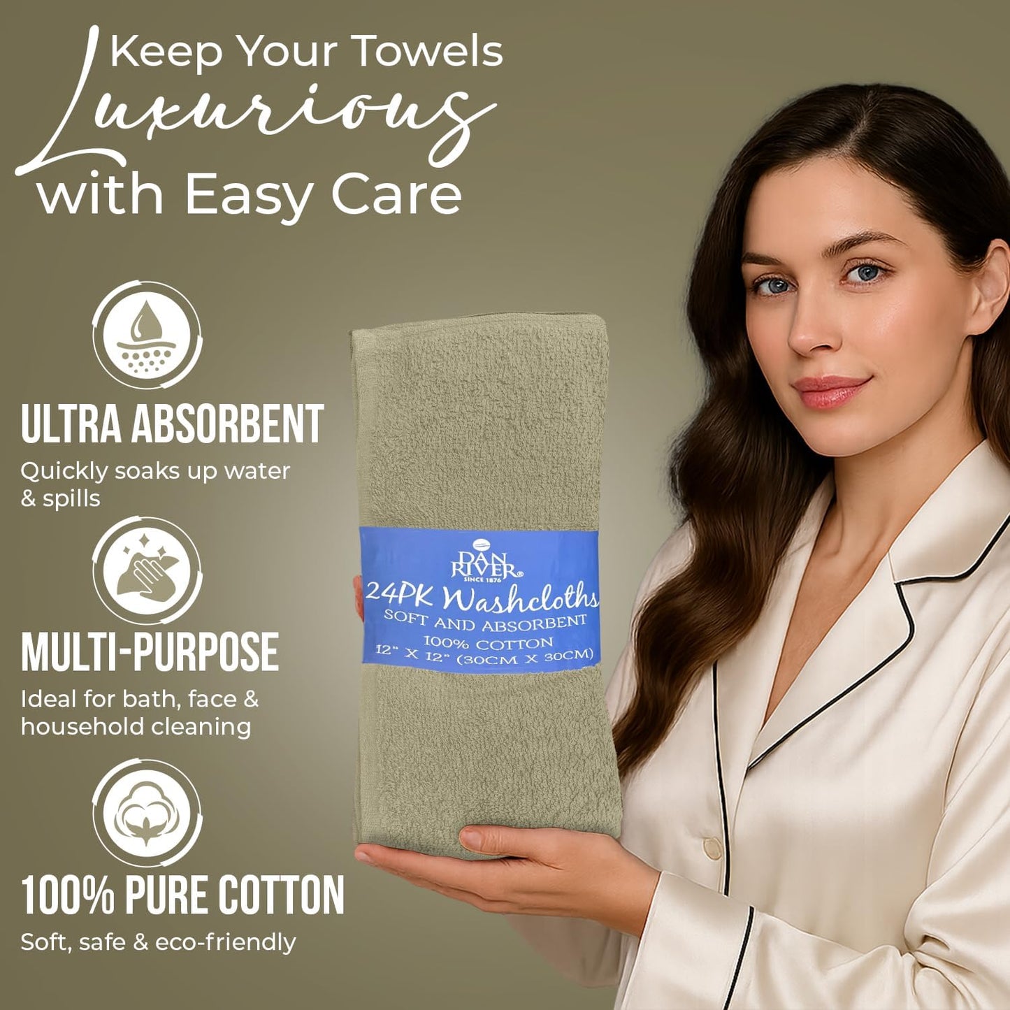 DAN RIVER 100% Cotton Wash Cloths 24 Pack [12x12] Soft & Absorbent face Cloth, Gym, Hotels & Spa Perfect for Everyday Use Fingertip Towels, Beige