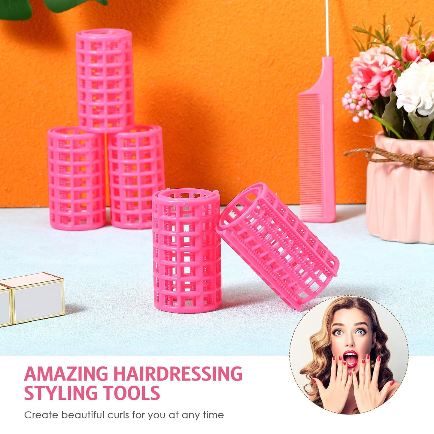 Syhood 12 Pcs Plastic Hair Rollers for Women Large Size Curlers Set Snap Roller Clips with Rat Tail Comb for Long Medium Short Hair Bangs, Salon Hairdressing Styling Tool(2.6 x 1.4 Inch,Pink)