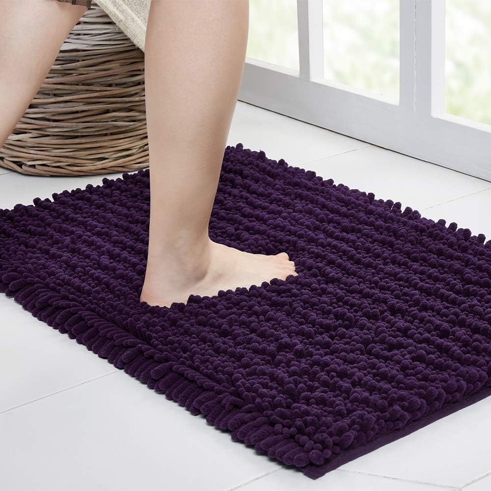 Walensee Bathroom Rug Non Slip Bath Mat (32x20 Inch Dark Purple) Water Absorbent Super Soft Shaggy Chenille Machine Washable Dry Extra Thick Perfect Absorbant Best Large Plush Carpet for Shower Floor
