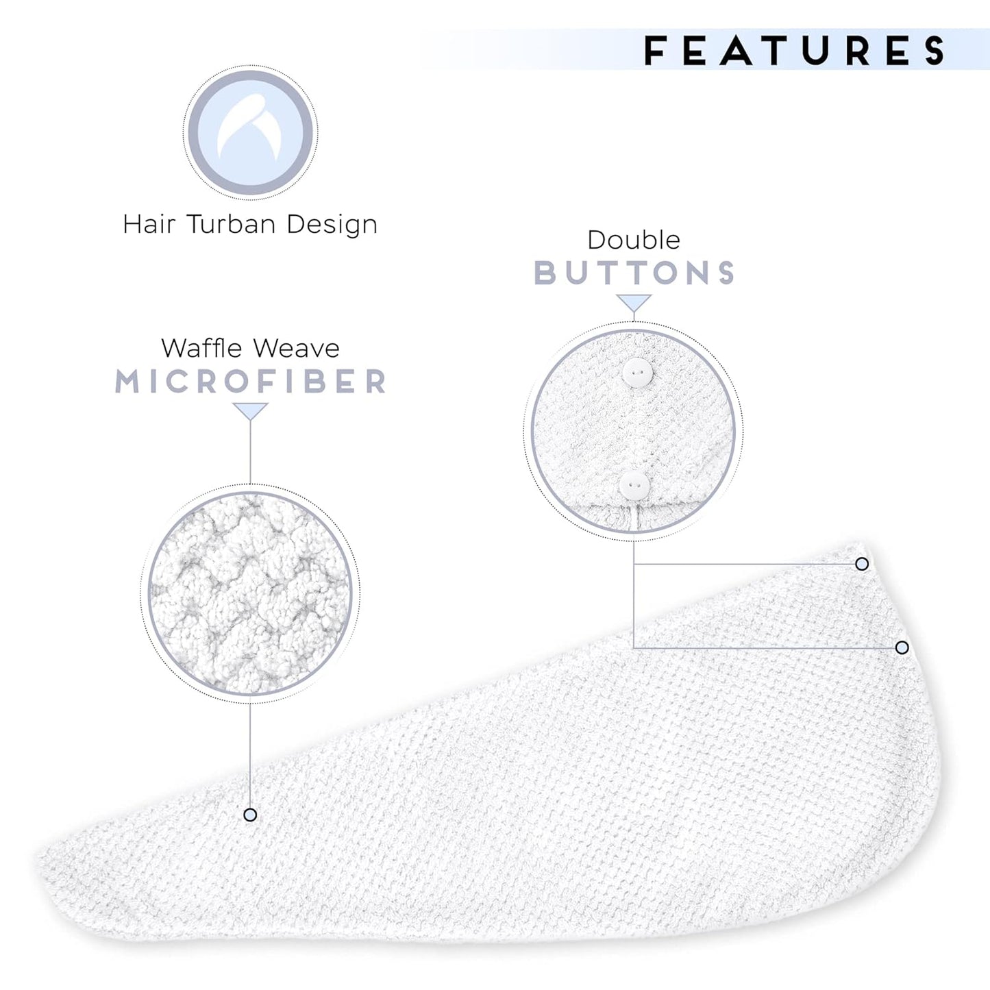 2 Pack Microfiber Hair Towel Wrap for Women, Anti Frizz Quick Drying Hair Turban for All Hair Style, Absorbent and Lightweight (Bright White)