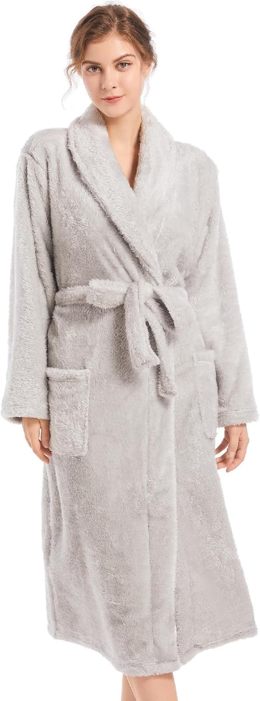Inner Wish Womens Plush Fleece Robe, Cozy Warm Bathrobe Fuzzy Female Spa Robe With Pockets