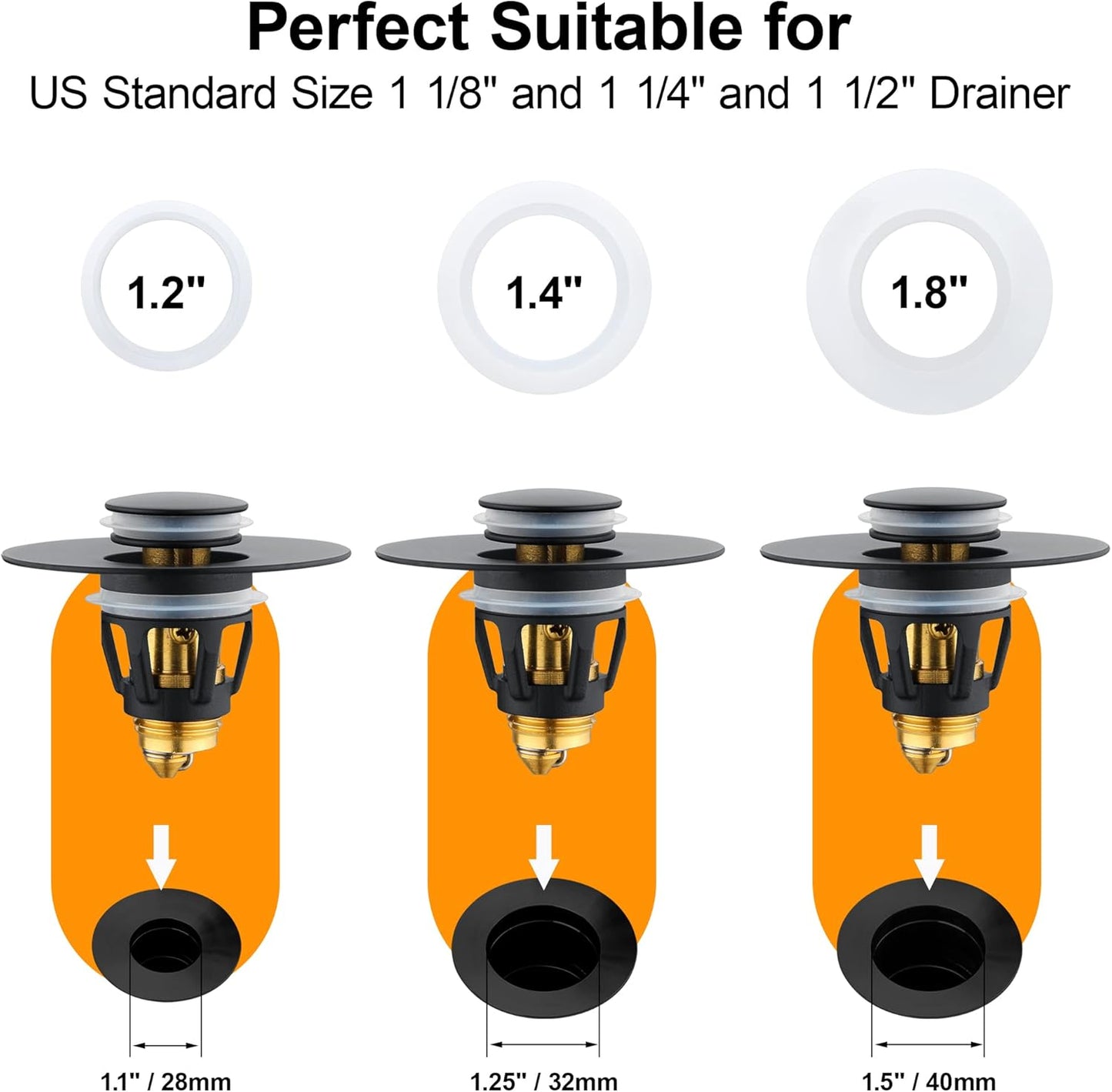 Black Bathroom Sink Drain Stopper, Sink Stopper Fits for 1.25" Drain Hole with 3 Rubber Rings, Anti Clogging Pop up Drain Filter Plug, Wash Basin Strainer with Basket, Matte Black