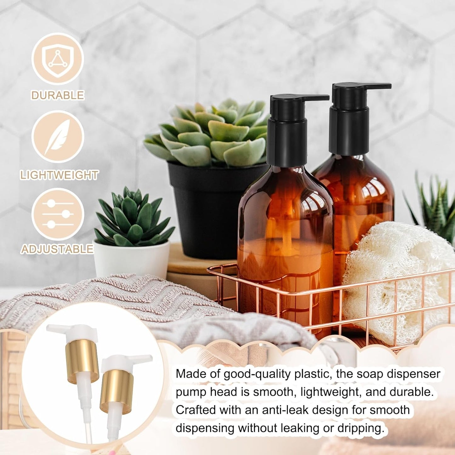 uxcell 4 Pcs Soap Dispenser Pump Heads, Hand Soap Dispensers Top Pumps Replacement Clip-on Pumphead for Standard 24/410 Neck Size Bathroom Lotion Shampoo Bottle, Gold White