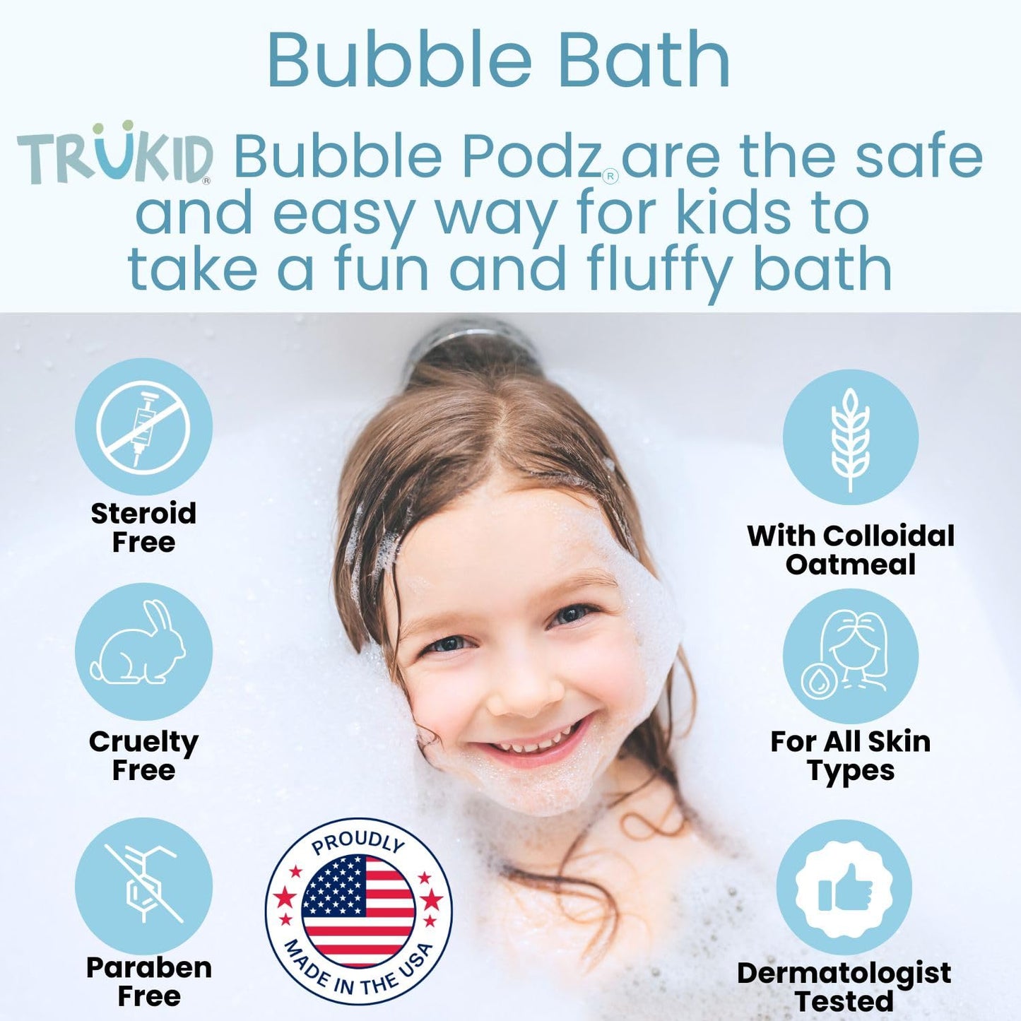 TruKid Bubble Podz Bubble Bath for Kids, Toddlers, & Babies, NEA-Accepted for Eczema, Gentle Refreshing Colloidal Oatmeal Bath Bomb for Sensitive Skin, pH Balanced, Tear Free, Unscented (24 Podz)