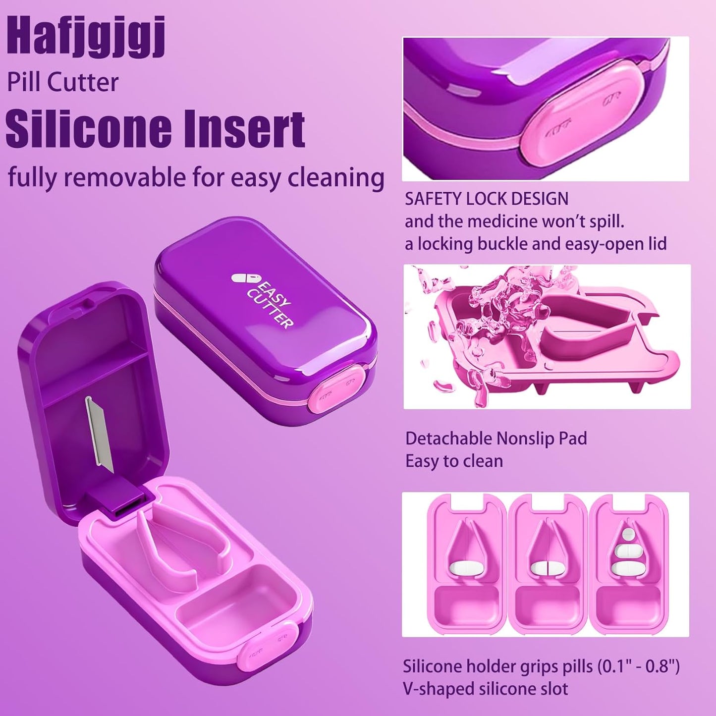 Pill Cutter Splitter for Small or Large Pills with Safety Lock - Accurate and Easy Travel-Friendly Design for Daily Use (Purple)