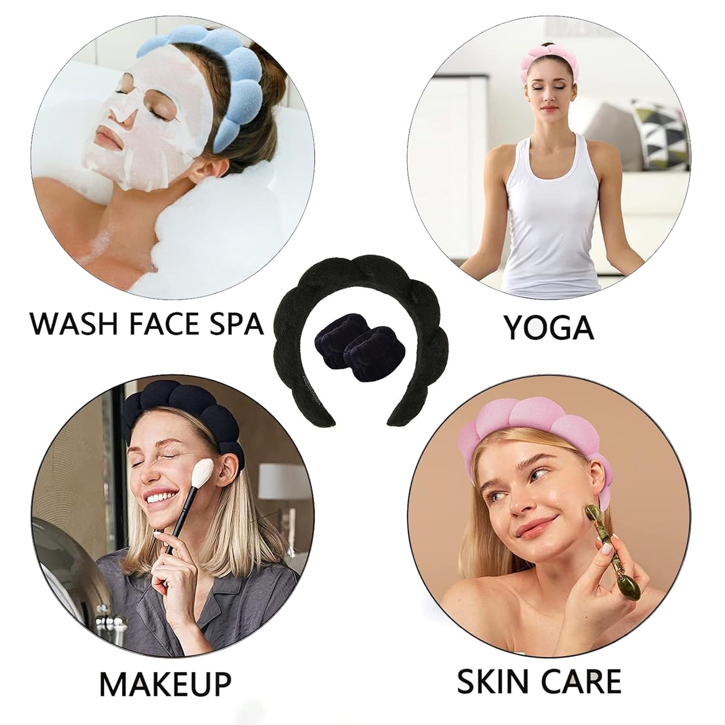 Spa Headband and Wristband Set for Women,Terry Cloth Sponge Headband for Washing Face,Makeup,Facial Mask and Skincare (Blue,Pink, One Size)