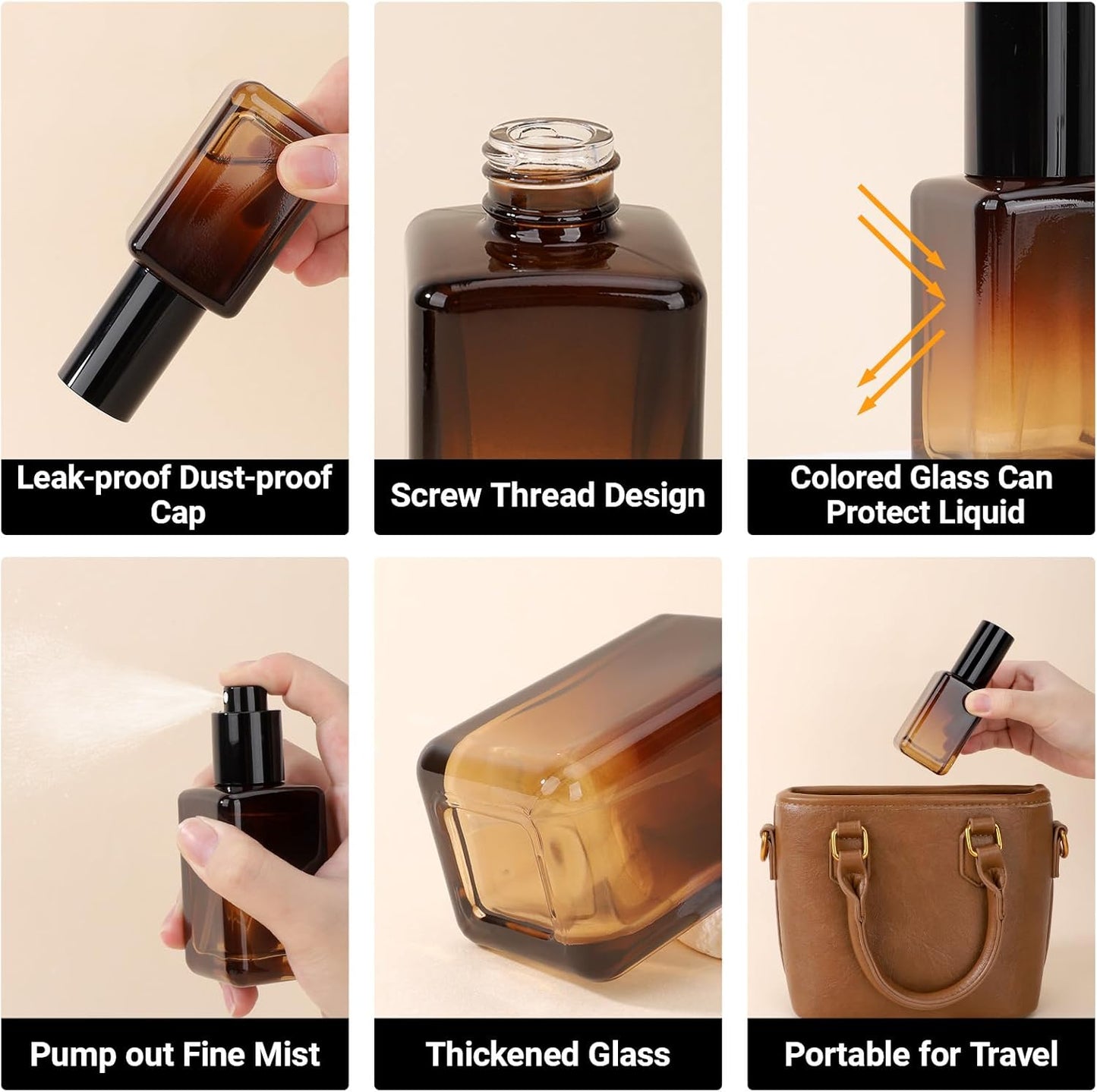 Segbeauty 1.7oz Amber Glass Spray Bottle Refillable Travel Bottles, 4pcs Fine Mist Travel Empty Spray Bottle for Hair, 50ml Atomizer Sprayer for Perfume, Liquid Containers Perfume Cologne Bottles