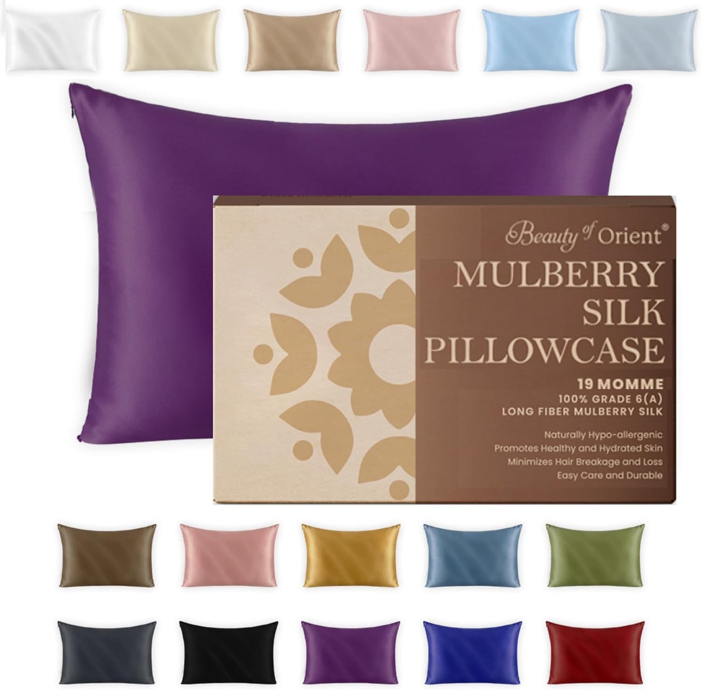 19 Momme Premium Mulberry Silk Pillowcase for Hair and Skin | Handcrafted Hypoallergenic & Anti-Acne 100% Silk Pillow Cases with Zipper | Standard - 20" x 26", Purple Passion