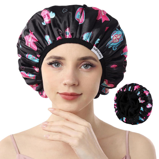 Years calm Terry Lined Shower Cap, Triple Layer Heart Motifs,Waterproof Reusable Elastic,Hair Shower Cap for Women,Terry Cloth Shower Caps for Spa,Clean,Trave (Black, One Size)