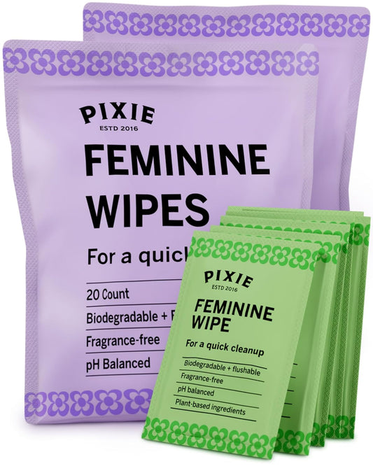 Pixie Feminine Wipes - Flushable, Biodegradable, & Ph Balanced - Best Individually Wrapped Body Wipes for On The Go & Public Bathrooms - Wash, & Cleaner For Your Menstrual Cups & Discs (40 Count)