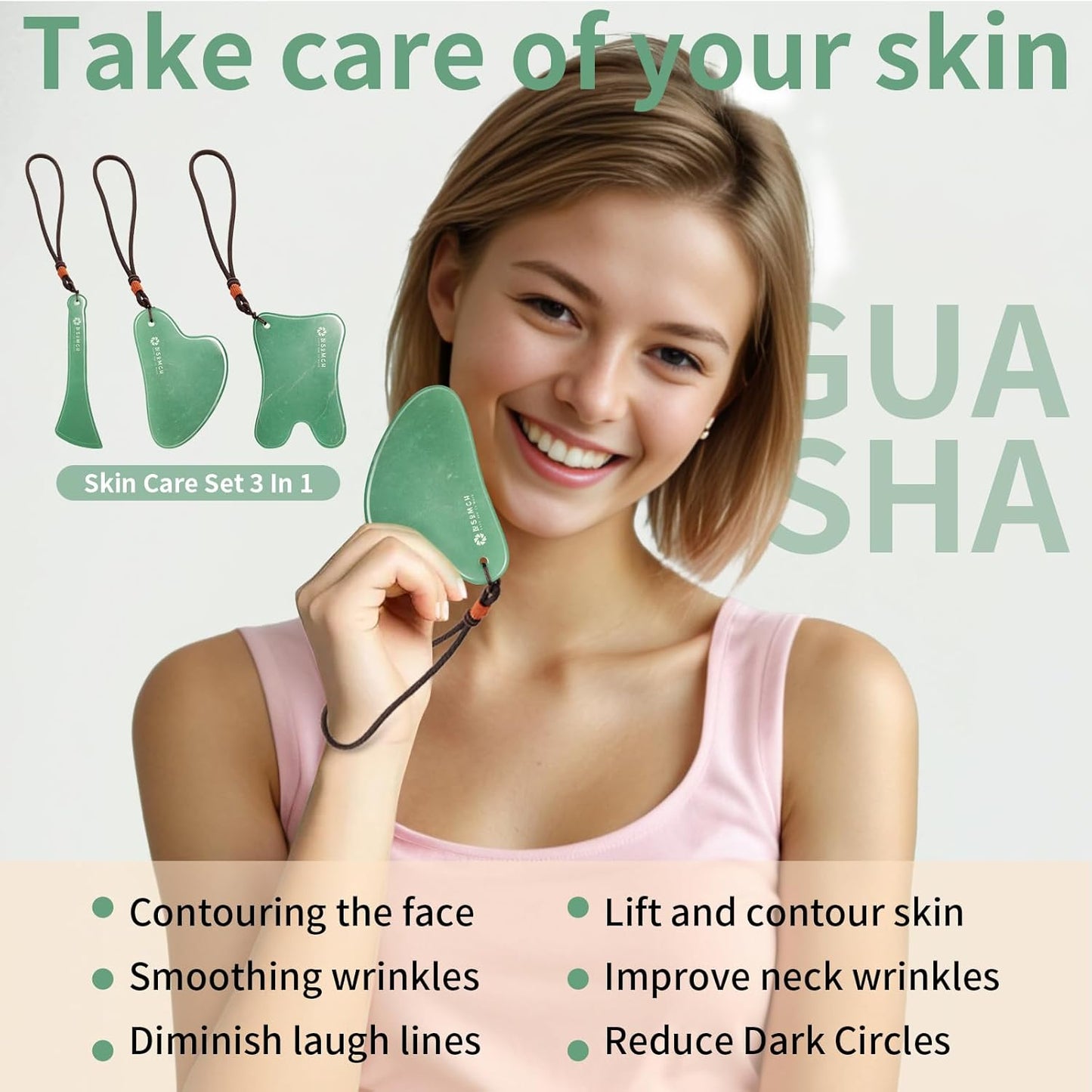 Gua Sha Tools 3 Pcs Natural Jade Gwashah Stone Instead of Stainless Steel Gua Sha Kit Anti-Drop Design, Smooth Massage Stones for Face,Neck,Jaw and So on Spa Tool for Everyone