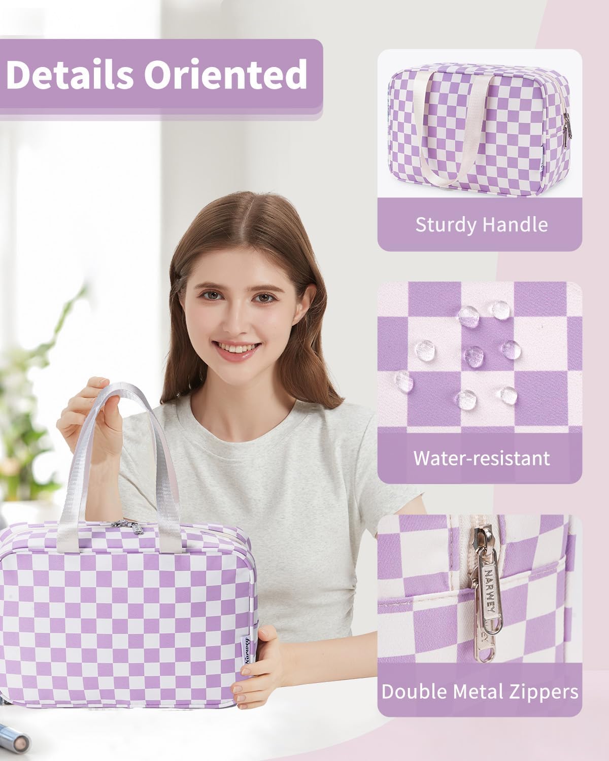 Narwey Large Checkered Travel Toiletry Bag Women Toiletries Bag Makeup Bag with Handle Make up bag Organizer Cosmetic Bag Medicine Bag for Girls (Purple Checkerboard, Large)