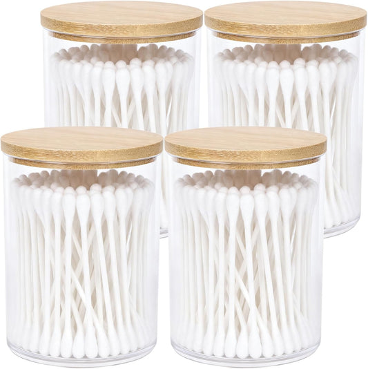 AXX Qtip Dispenser Apothecary Jars Bathroom - Qtip Holder Storage Canister Clear Plastic Jar for Cotton Swab,Q-Tips,Cotton Rounds (H#Bamboo 4Pcs)