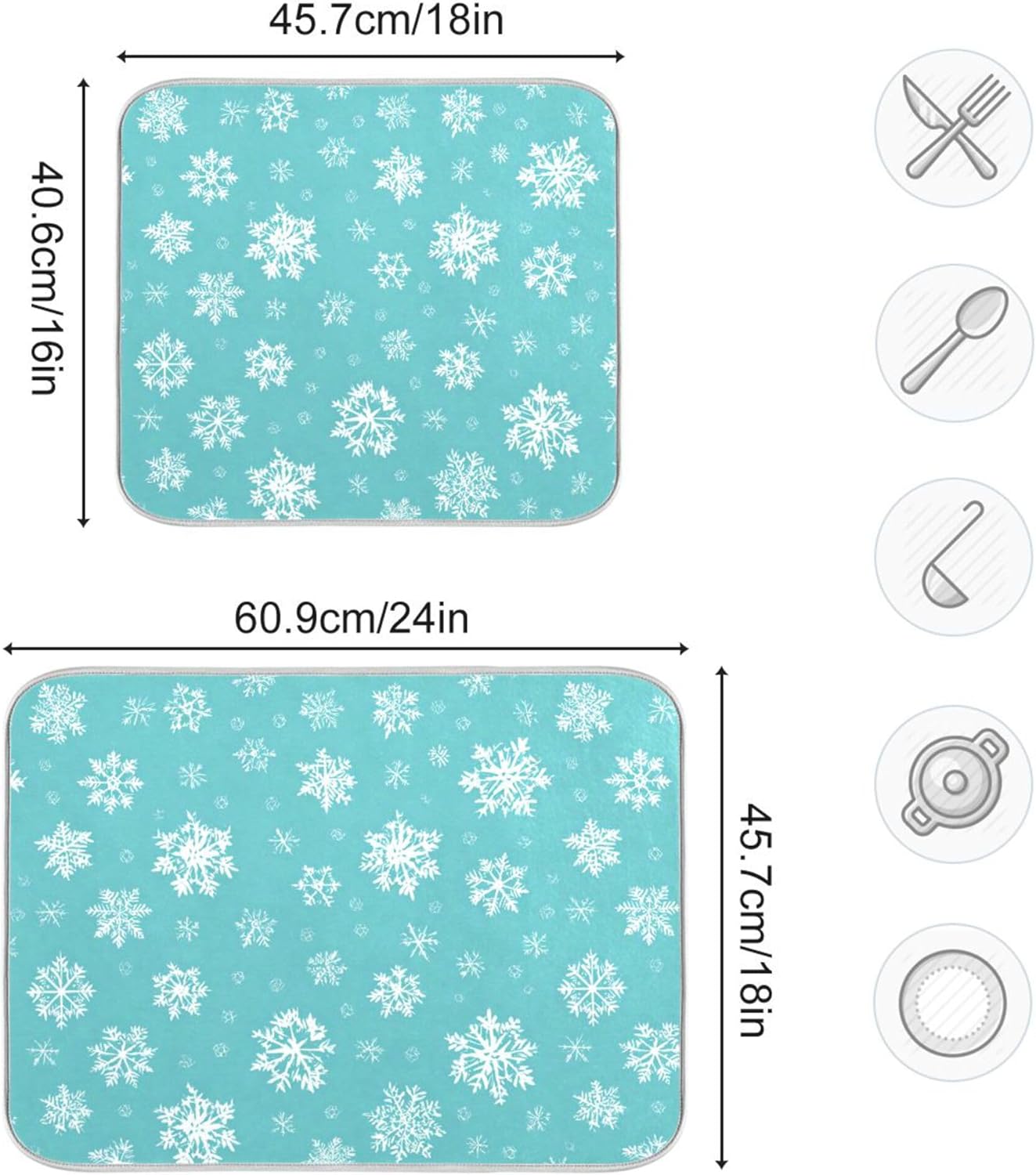 Winter Snowflake Turquoise Dish Drying Mat for Kitchen Countertop 16x18 Christmas Snow Aqua Xmas Small Drying Mat Reusable Quick Dry Dish Sink Mats Easy Clean Decorative Essentials