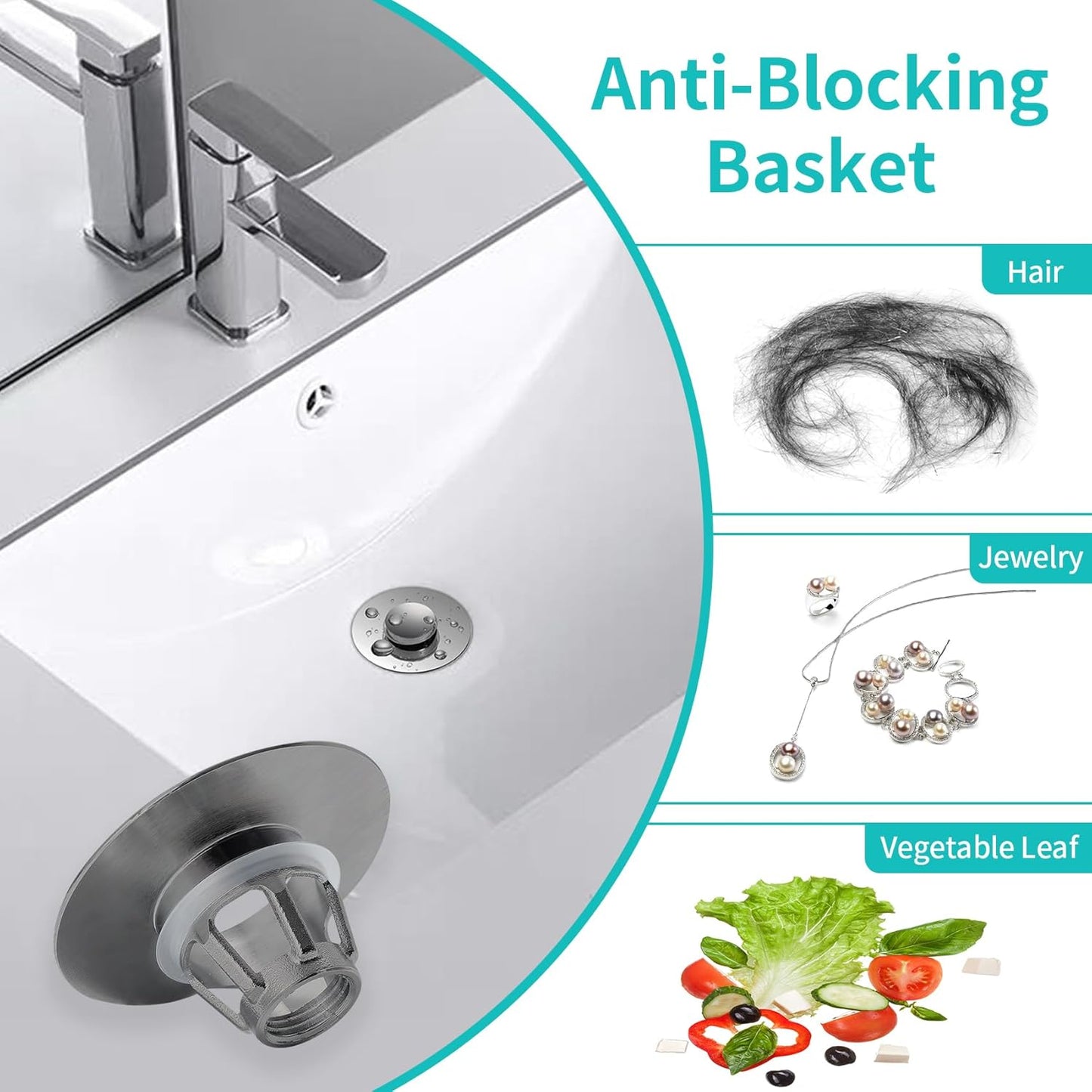 Universal Bathroom Sink Stopper with Hair Catcher, for 1.04-1.97 Inch Drain Hole, Spring Core Bathtub Drain Cover, Pop Up Sink Plug Basin Drain Strainer, Large Lid Gray