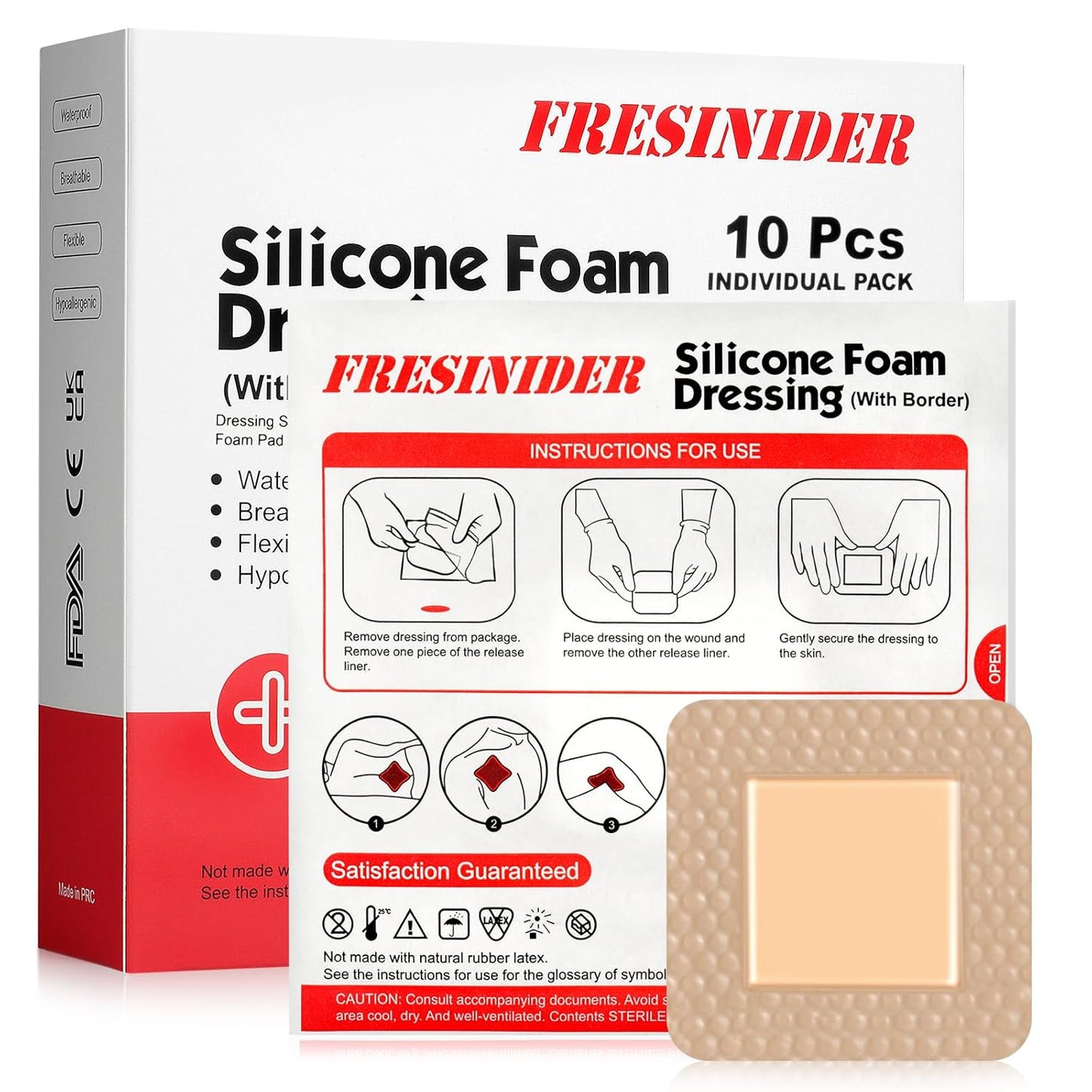 FRESINIDER Silicone Foam Dressing with Adhesive Border – Wound Dressing Bandage – Silicone Foam Pad – Pack of 10 – 2 x 2 Inches Large Waterproof Bandages – Self Adhesive Wound Care and Dressings
