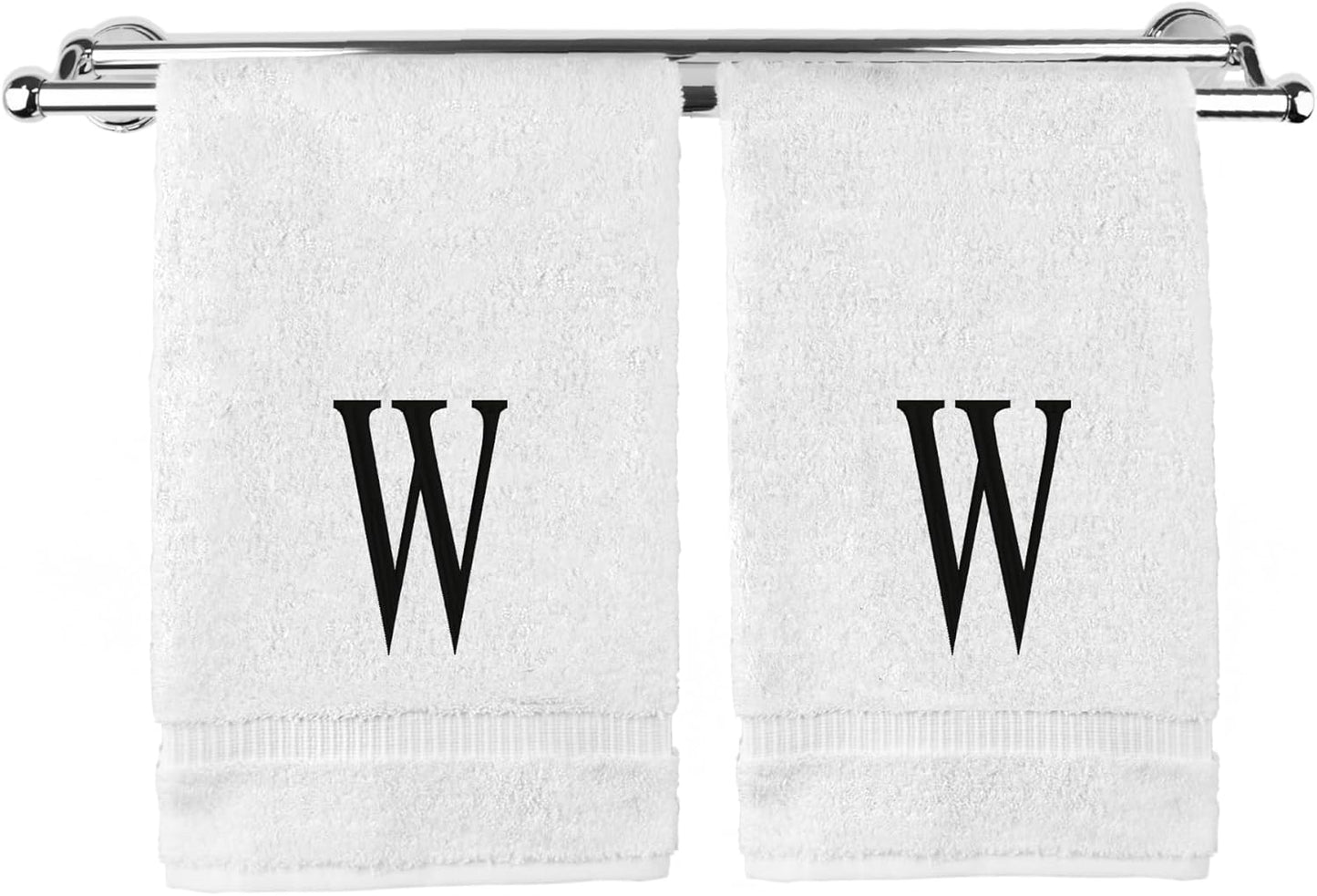 Monogrammed Hand Towel, Personalized Initial Gift, Extra Absorbent 100% Turkish Cotton - Soft Terry Finish - Set of 2 - Black Block Initial W - Embroidered on White Towels
