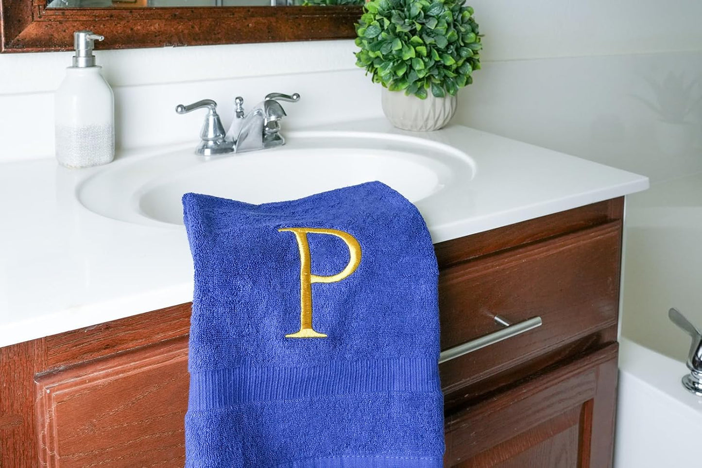 Navy Monogrammed Hand Towel for Bathroom - Initial Hotel Quality Decorative Embroidered Luxury Towel for Powder Room, Spa - GOTS Organic Certified - Set of 2 Gold Letter P