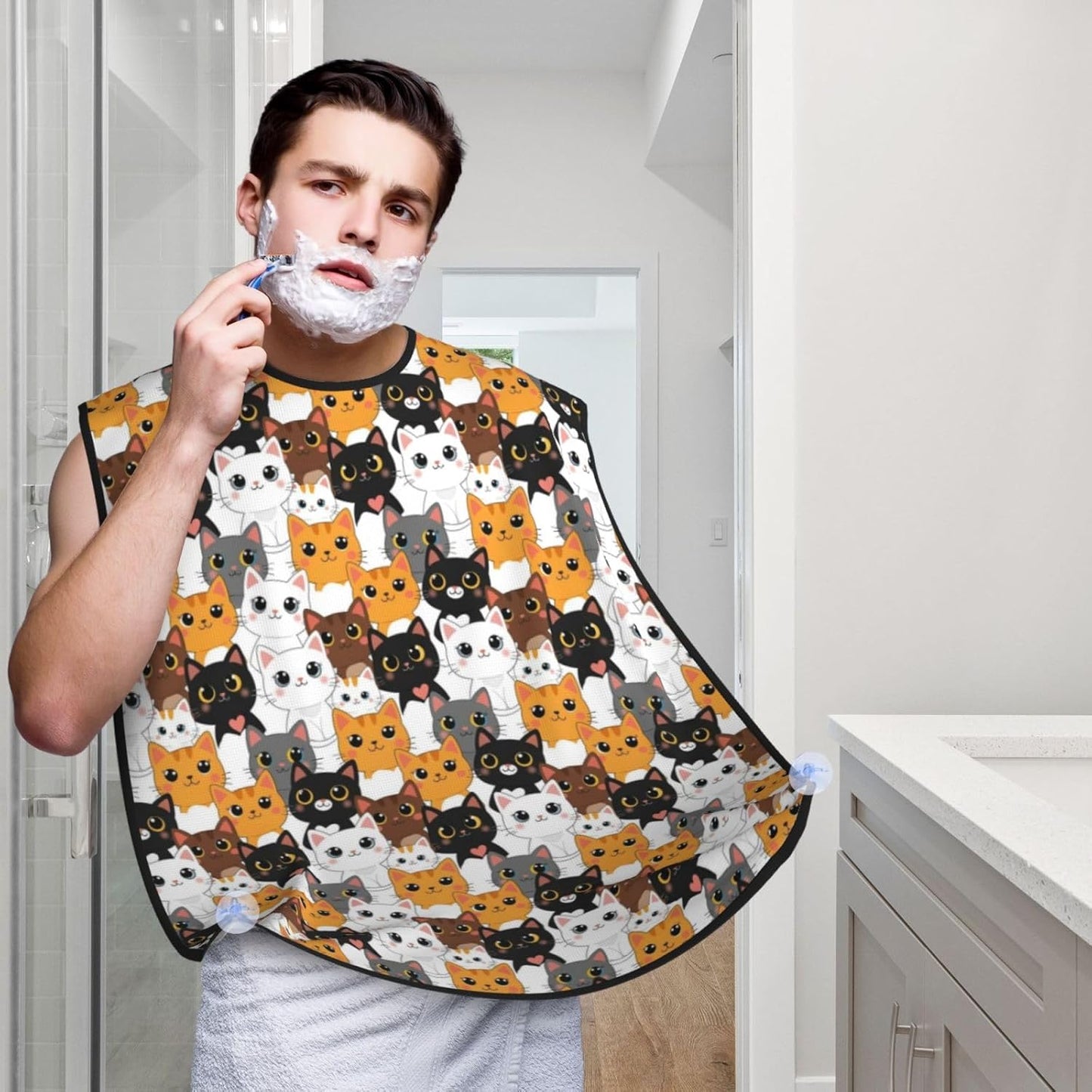 Adjustable Beard Bib, Non-Stick Hair Catcher Cape for Men's Shaving, Waterproof with 2 Suction Cups, Cute Cat Kitten Head Cartoon Cats Shave Bib